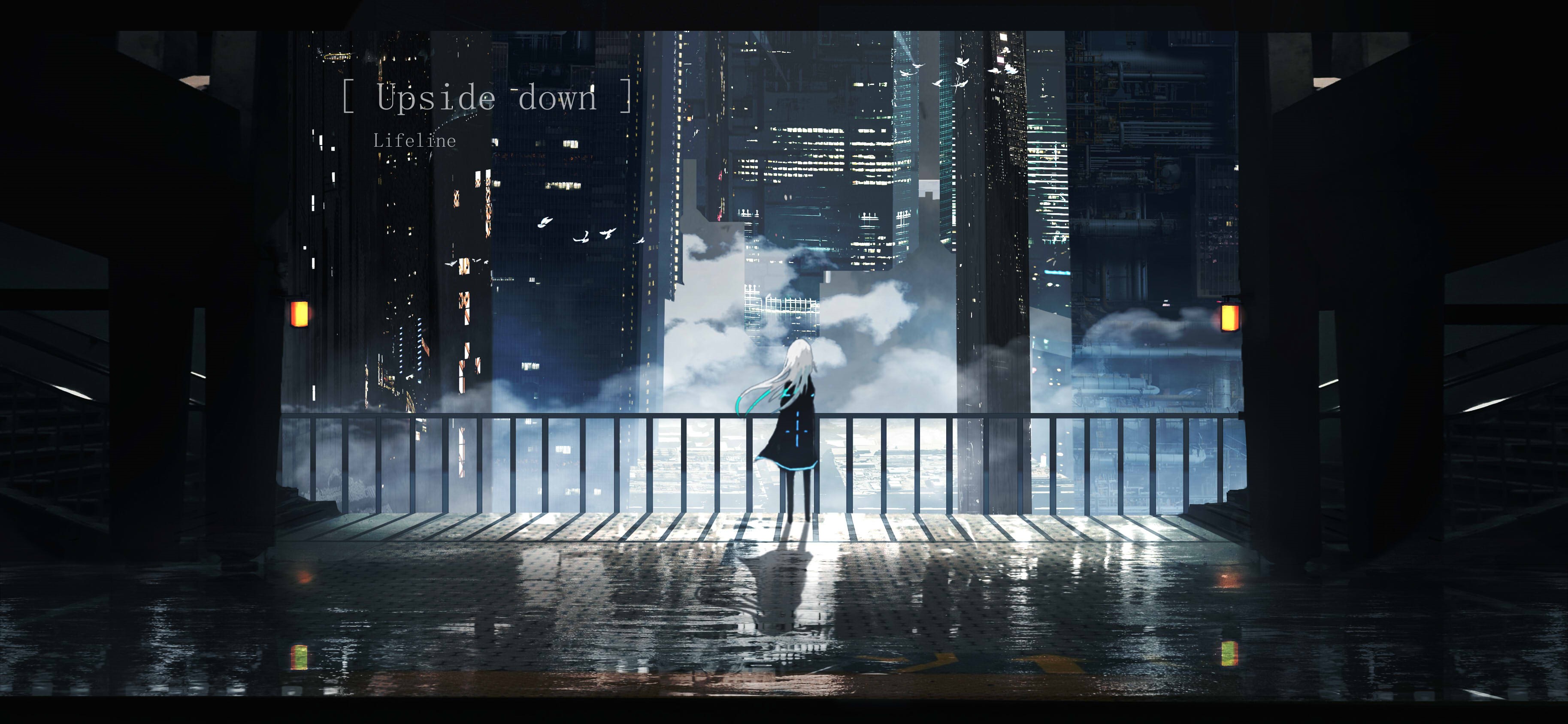 Anime girl looking at a cityscape at night HD Wallpaper