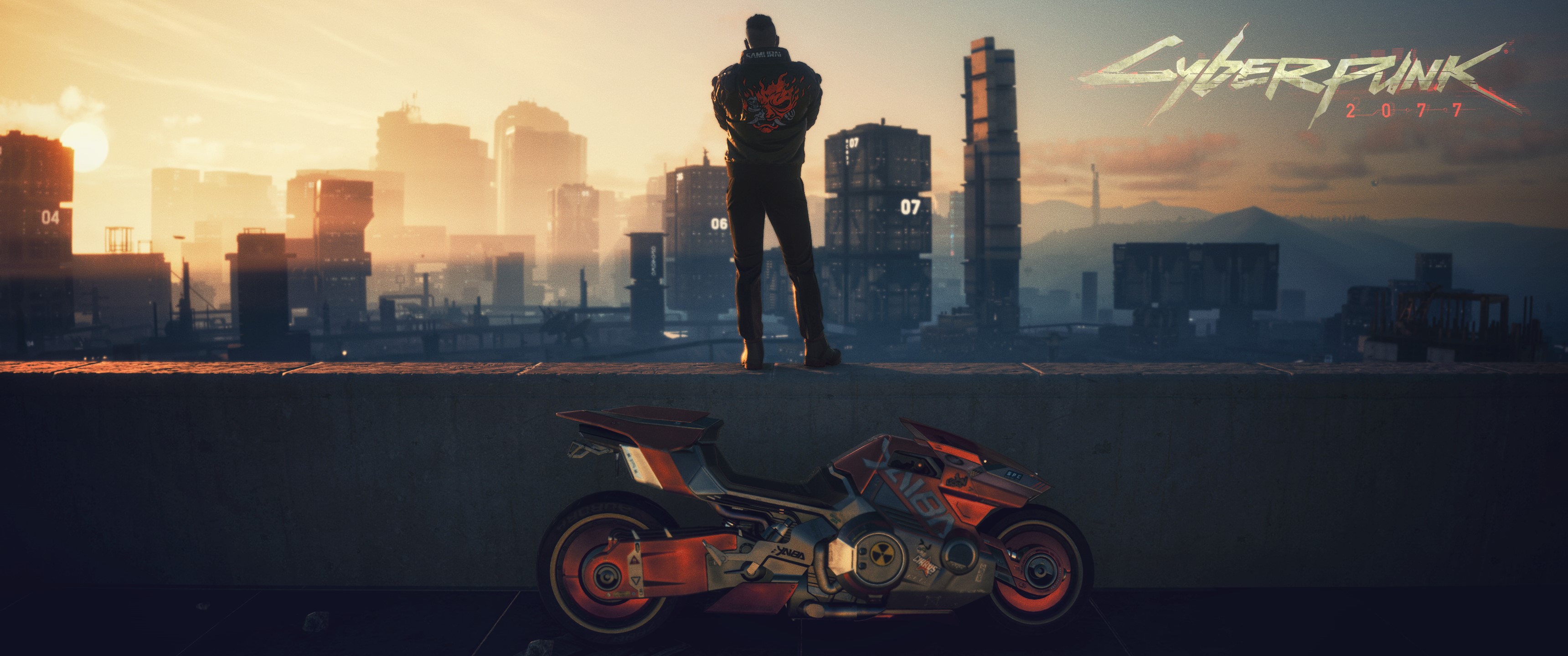 Cyberpunk 2077 motorcycle and character overlooking city HD Wallpaper