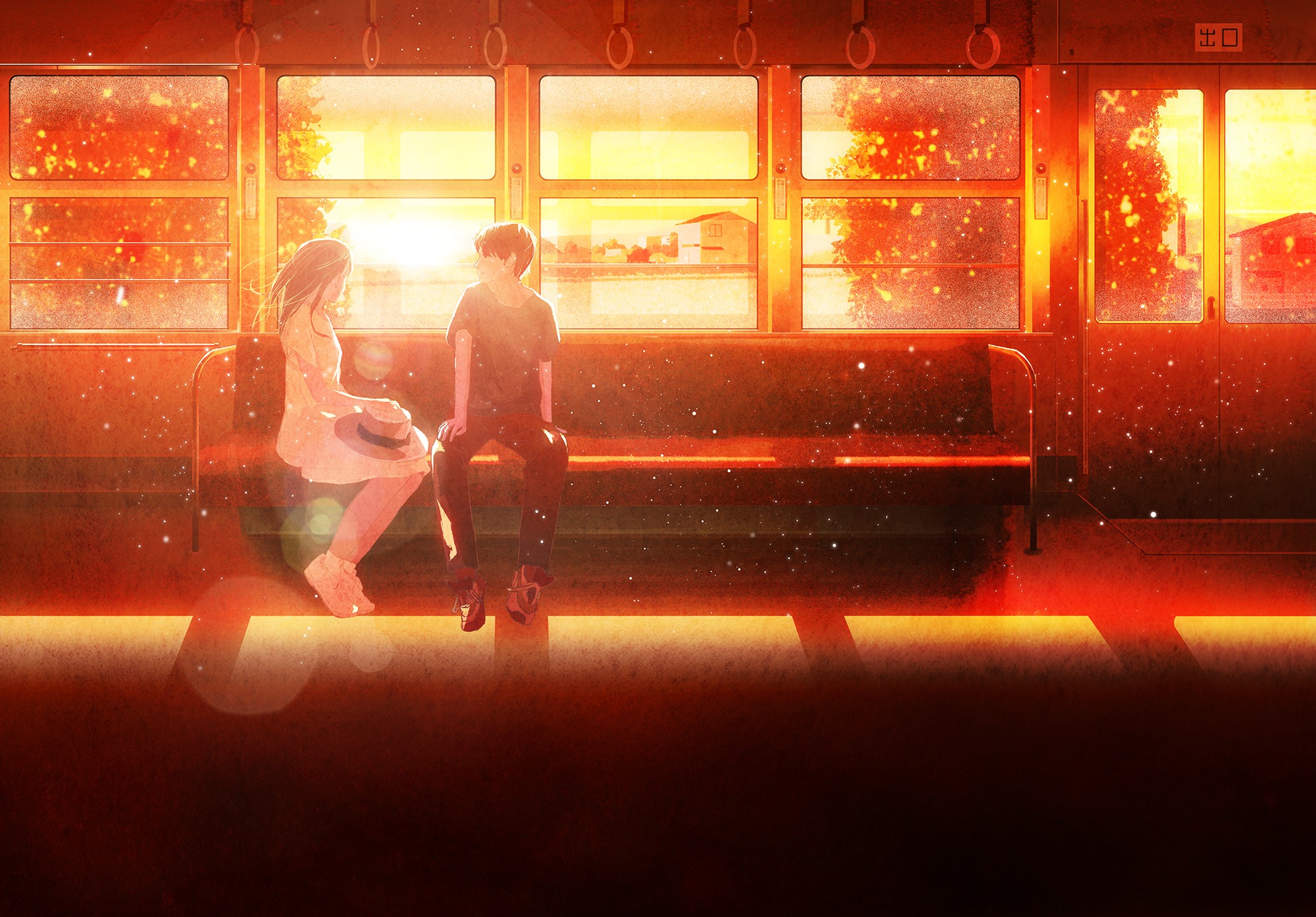Anime couple on a train at sunset HD Wallpaper