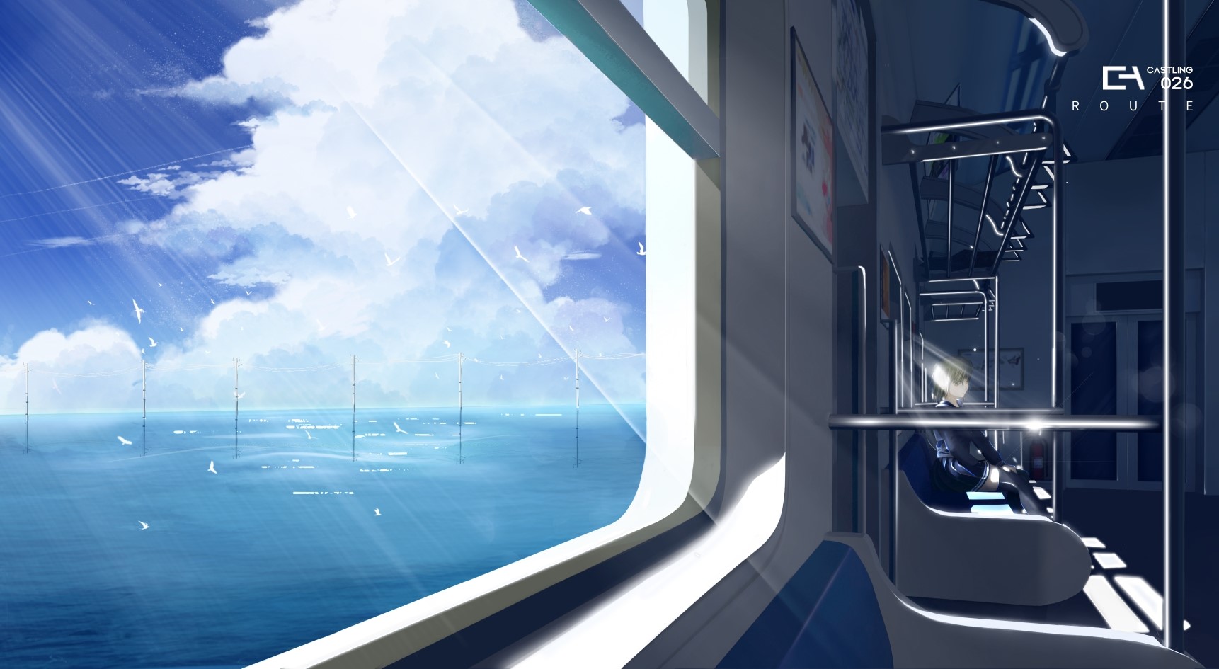 Anime girl on a train looking out at the sea HD Wallpaper