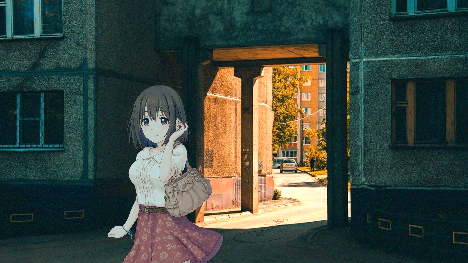 Anime girl with handbag in front of apartment buildings HD Wallpaper