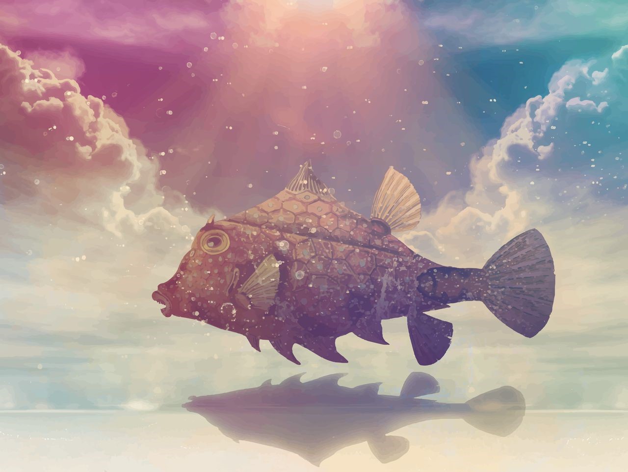 Fantasy fish illustration with clouds and reflection HD Wallpaper
