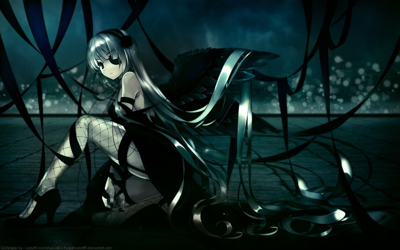 Anime girl with black wings and ribbons HD Wallpaper