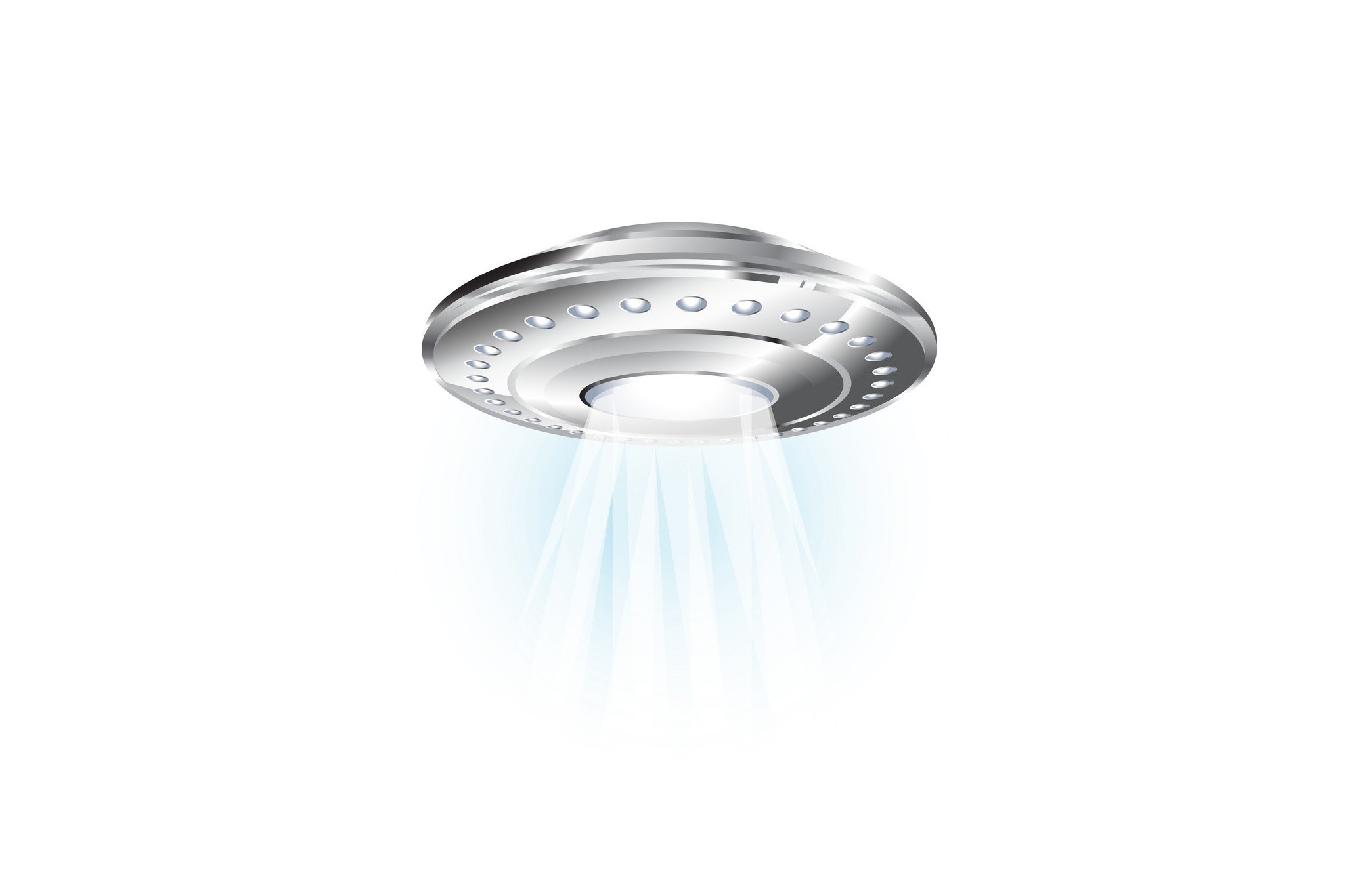 Silver UFO with blue light beams on white background HD Wallpaper