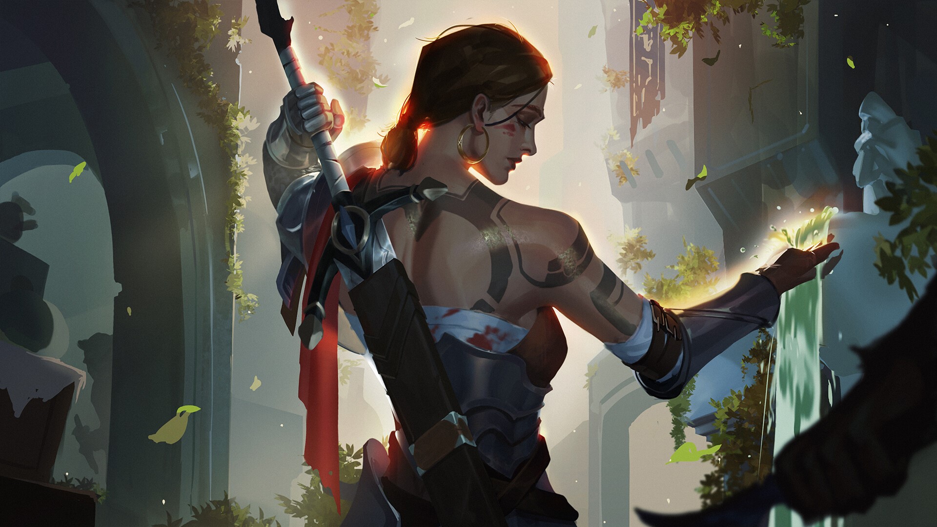 Woman with tattoos holding a spear in ruins HD Wallpaper