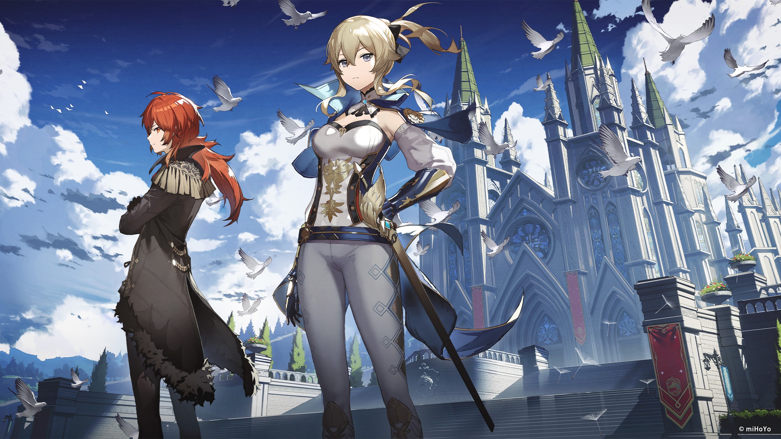 Jean and Diluc from Genshin Impact with birds and cathedral HD Wallpaper