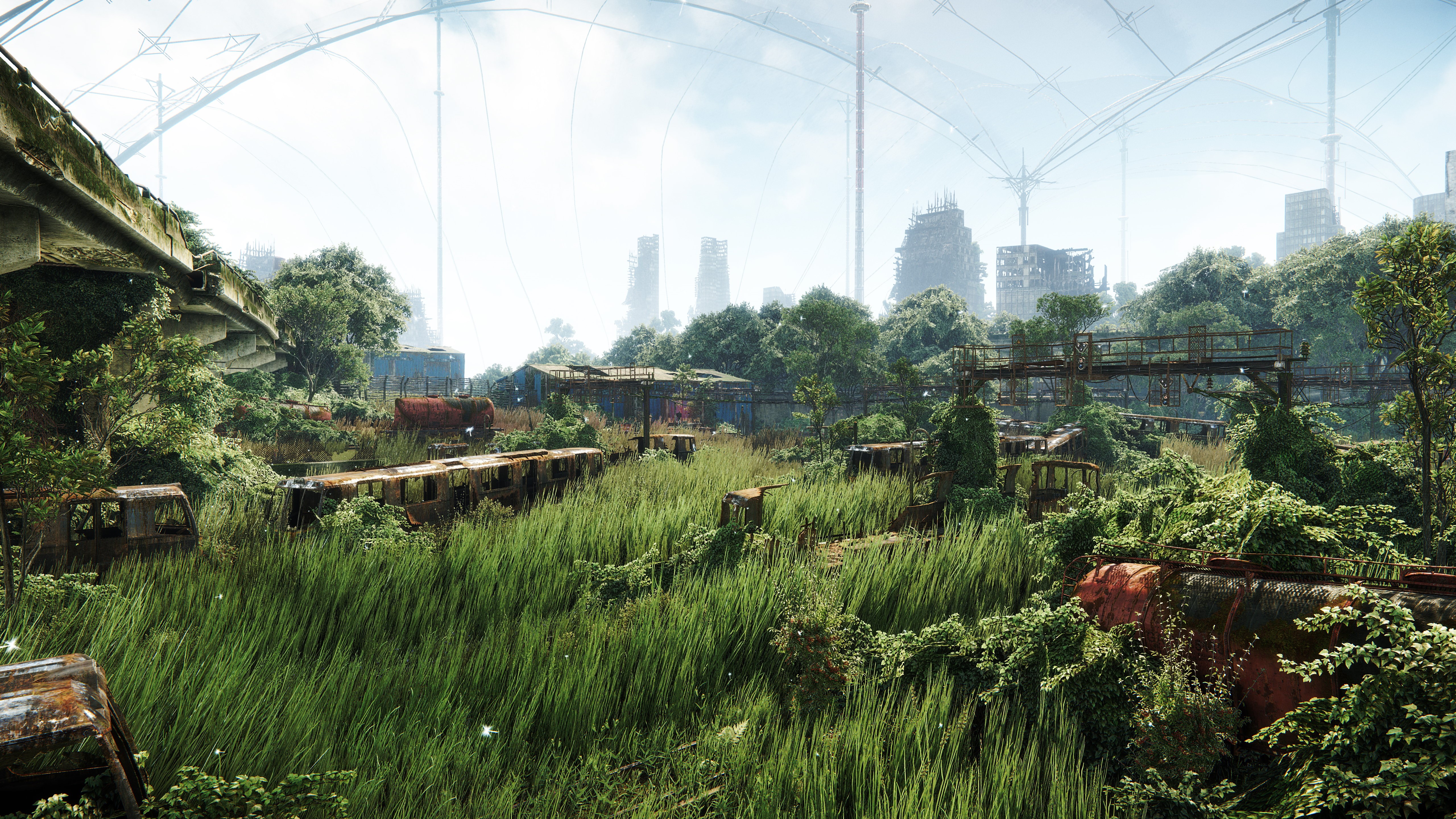 Apocalyptic overgrown city with abandoned trains HD Wallpaper