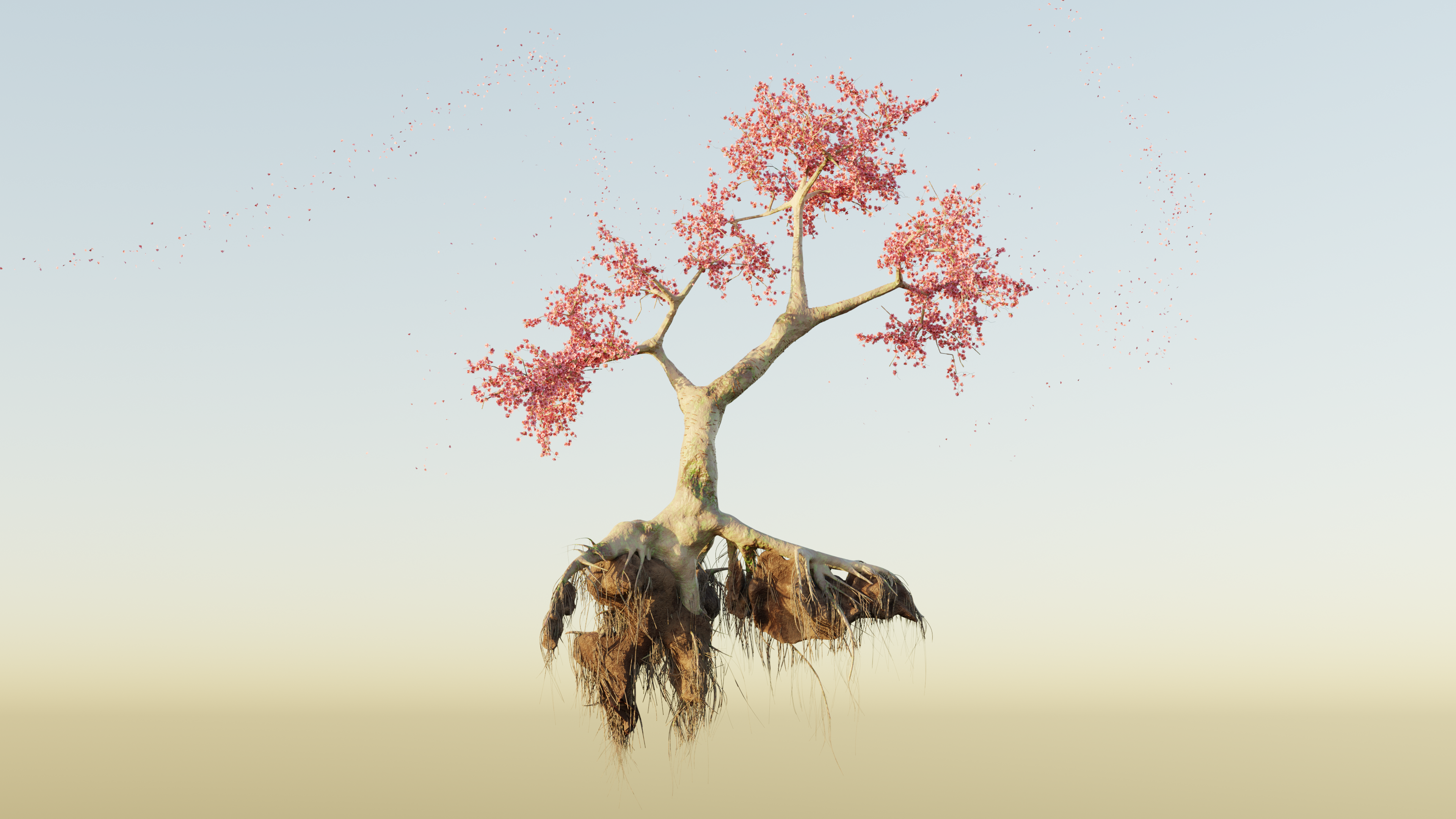 Floating Cherry Blossom Tree with Roots HD Wallpaper