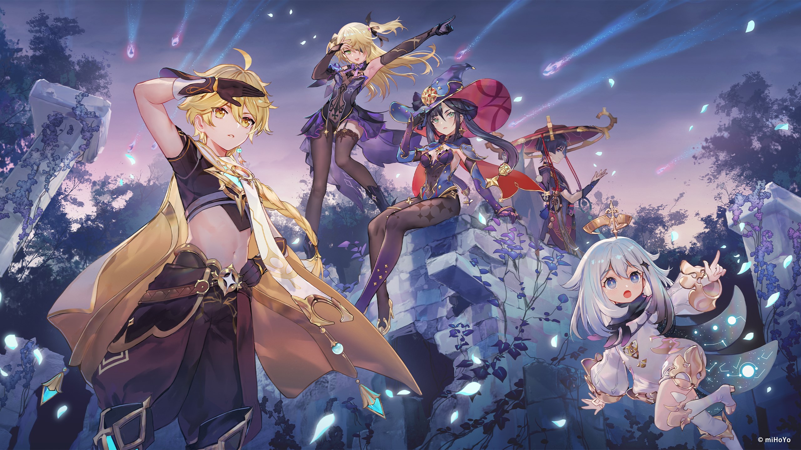 Aether, Fischl, Mona, and Paimon from Genshin Impact HD Wallpaper