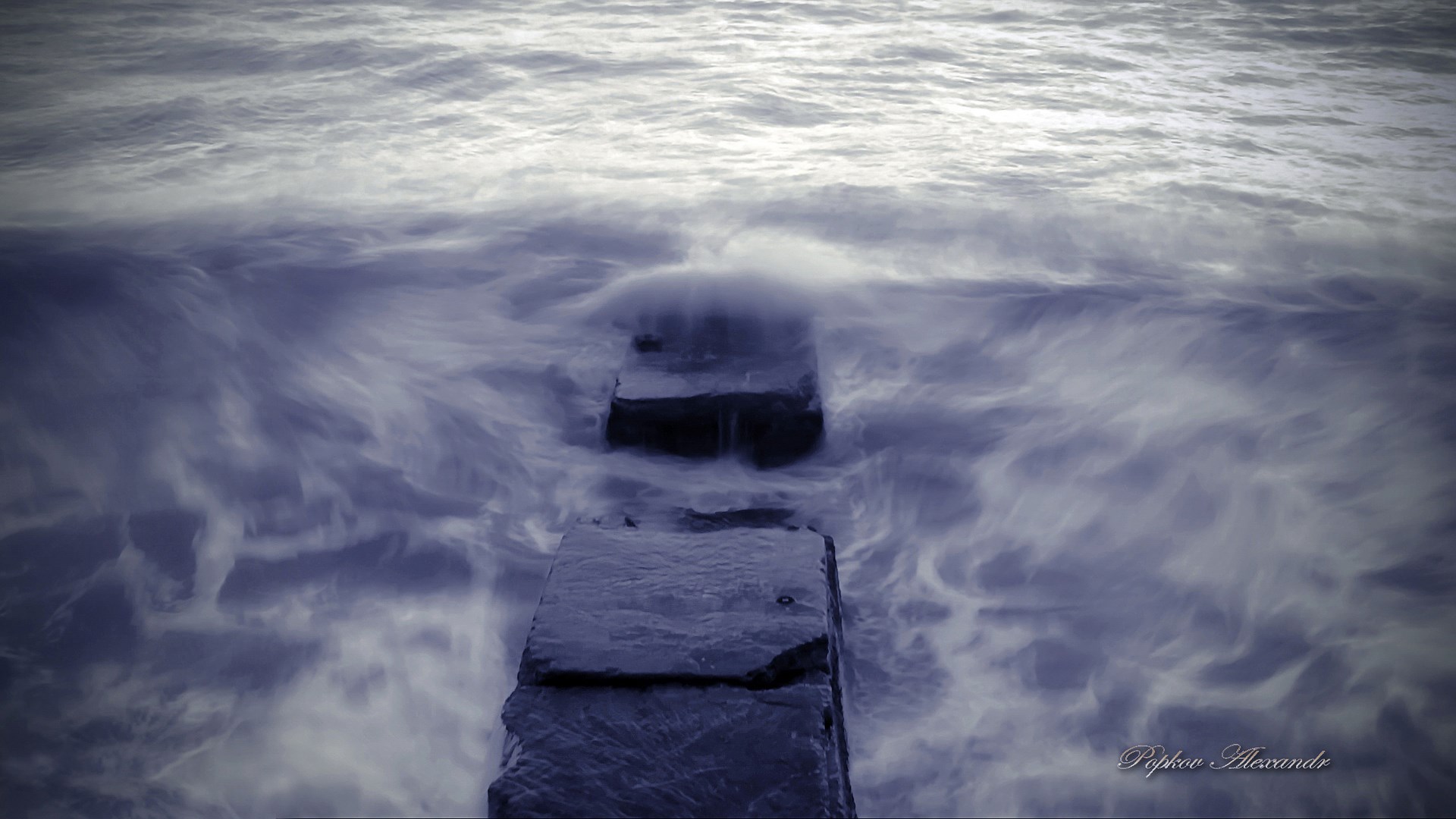 Stone path in the ocean with waves HD Wallpaper