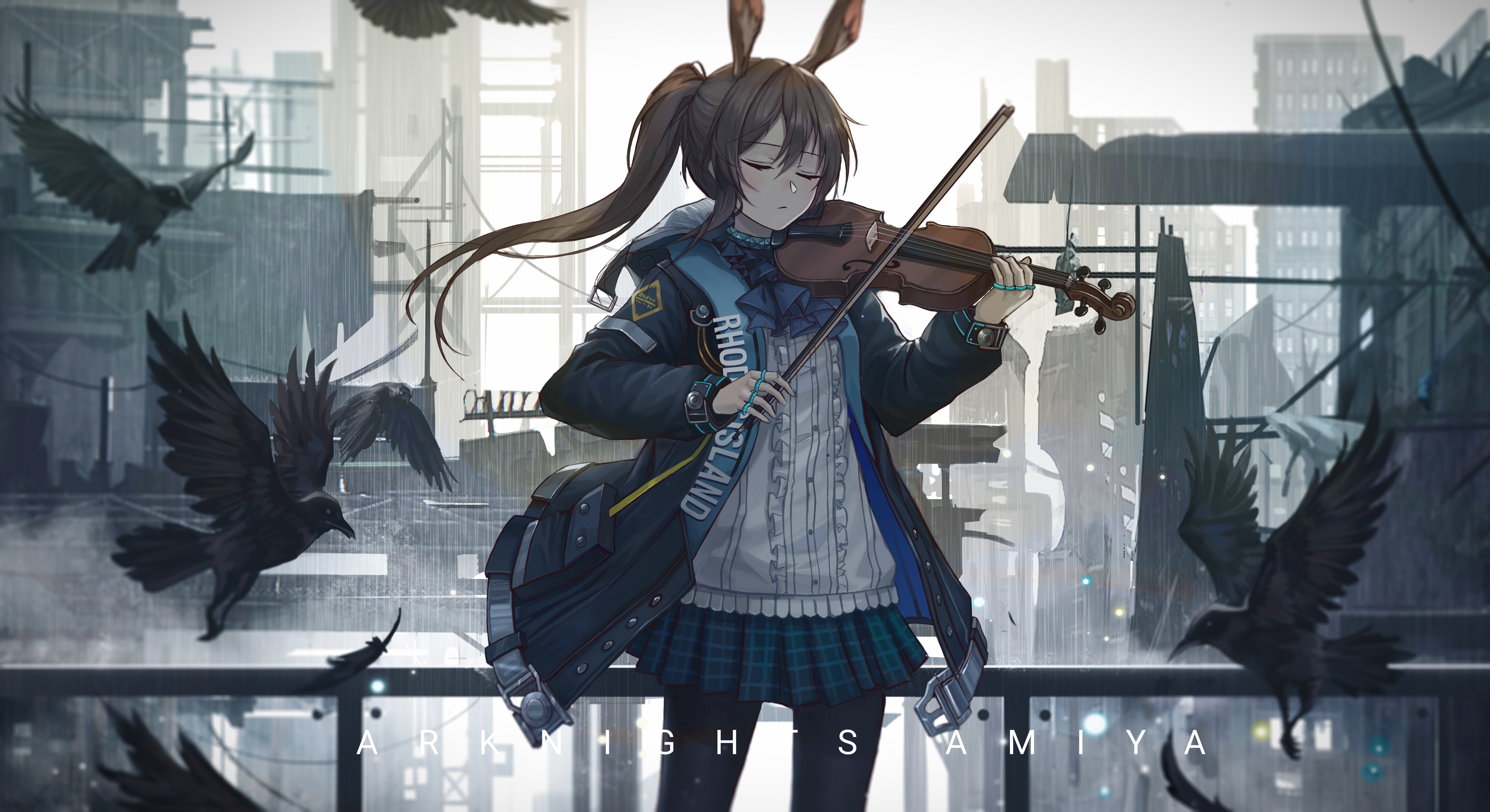 4K Amiya from Arknights playing violin in the rain with birds HD Wallpaper