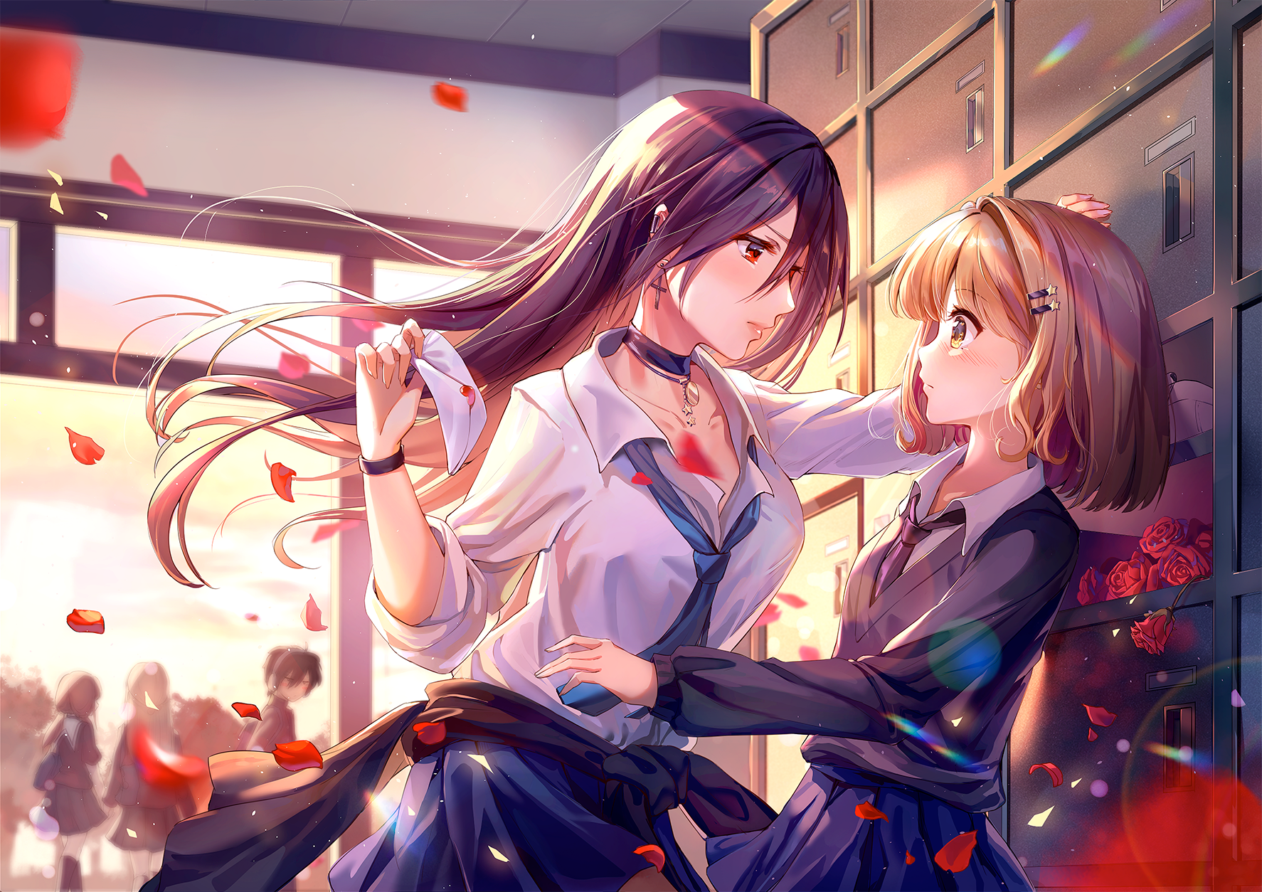 Anime Girls in School Uniform with Letter and Petals HD Wallpaper