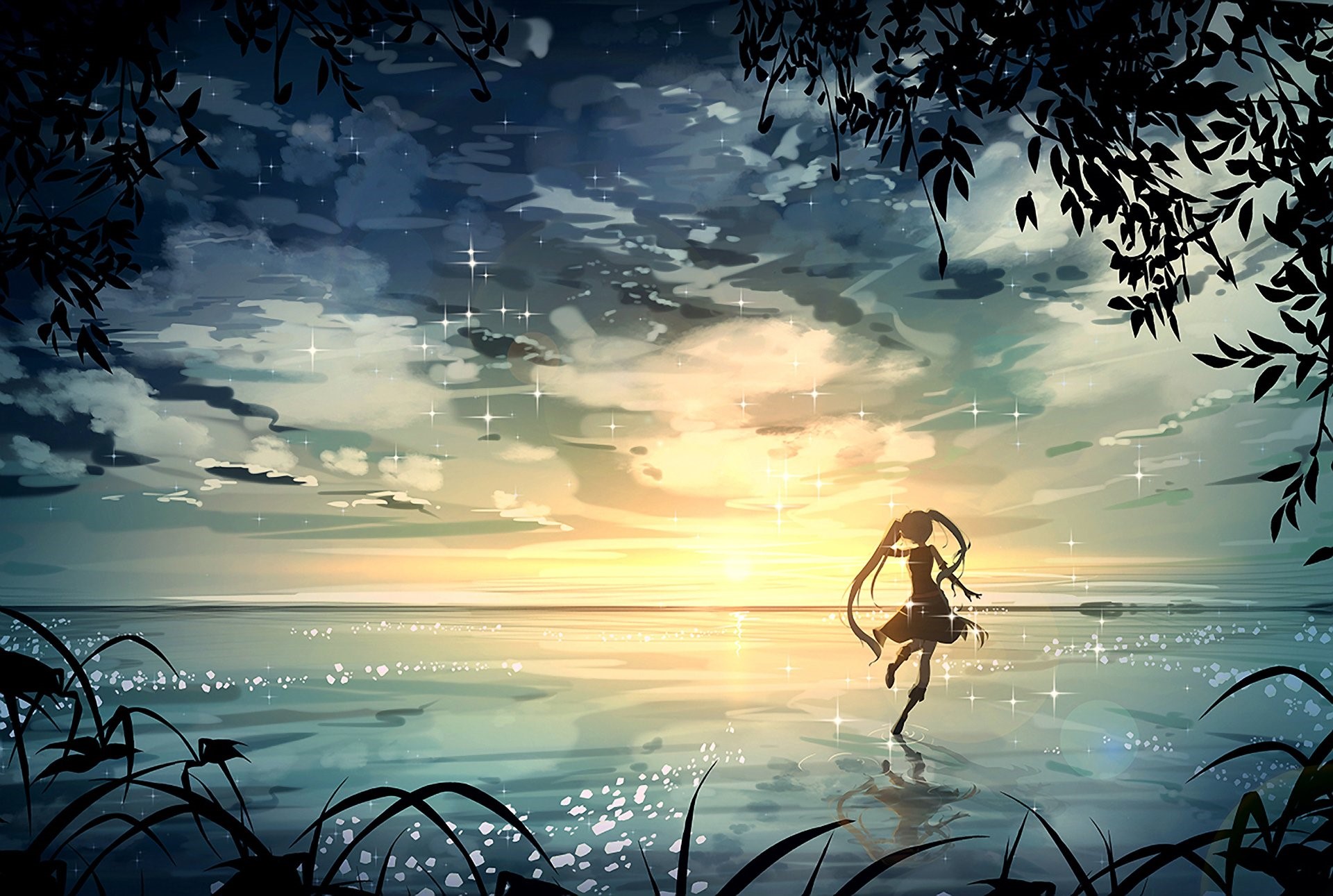 Hatsune Miku from Vocaloid by the water at sunset HD Wallpaper