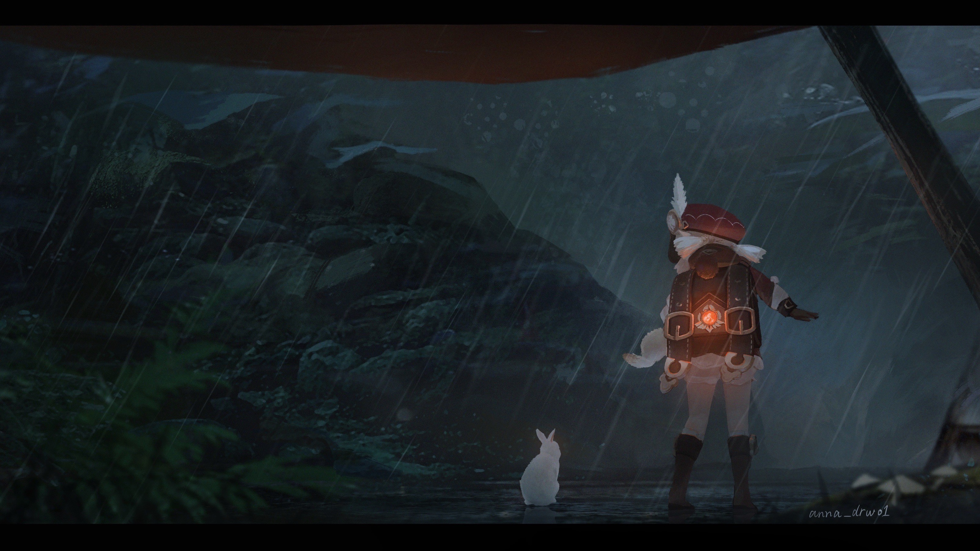 Klee from Genshin Impact in the rain with a rabbit HD Wallpaper