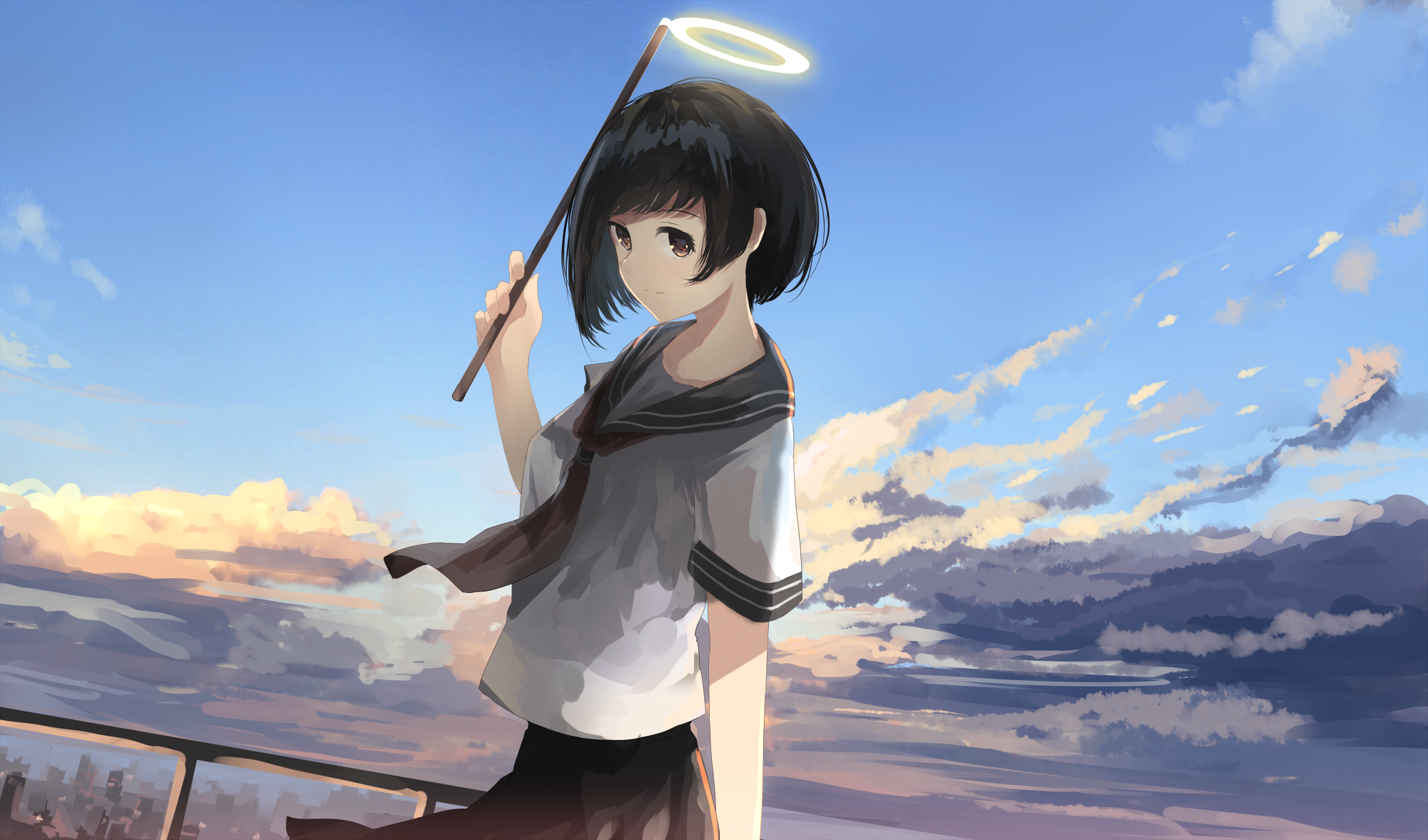 Anime girl with halo holding a stick against a cloudy sky HD Wallpaper