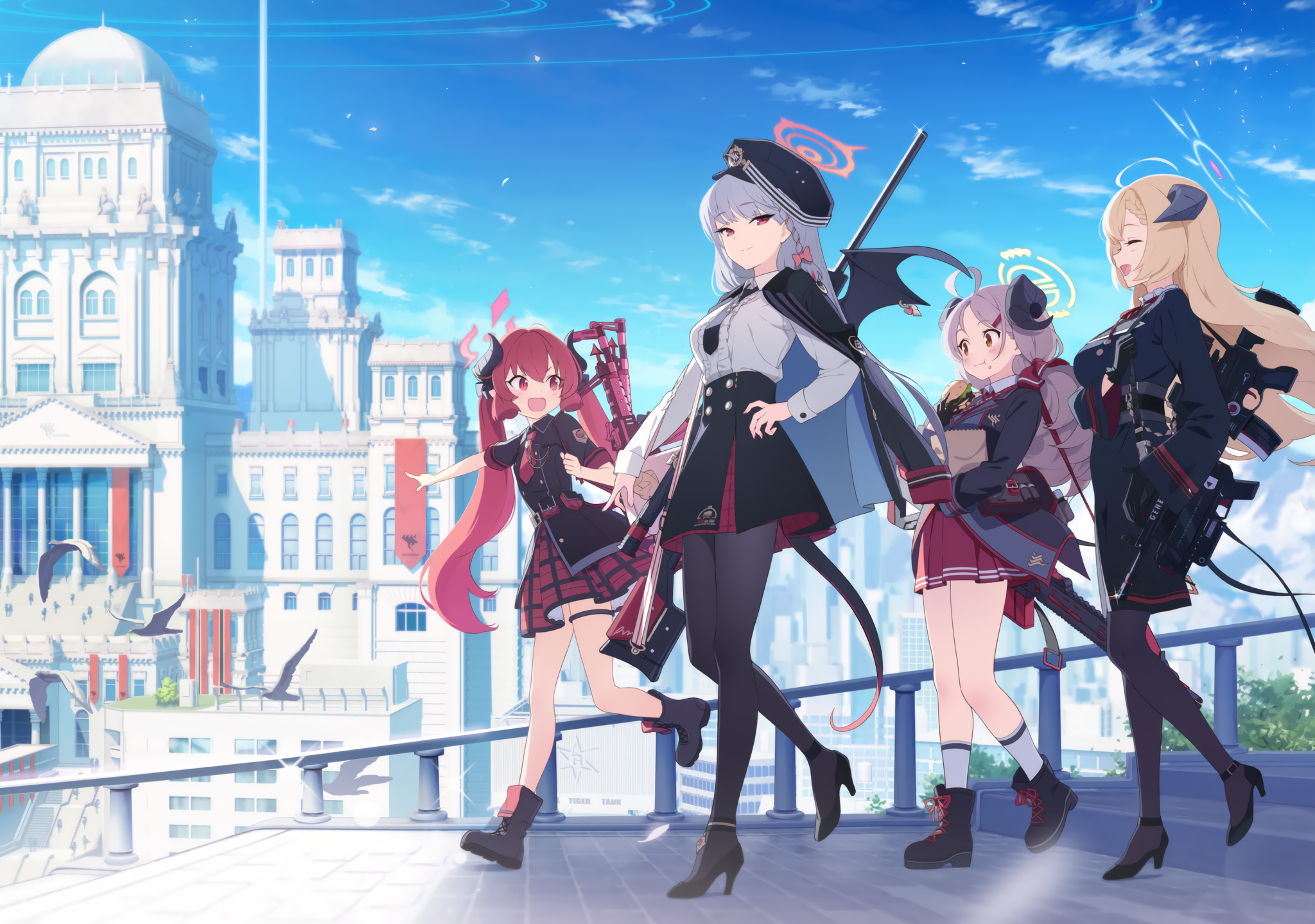 Blue Archive: Four girls in military uniforms on a rooftop HD Wallpaper