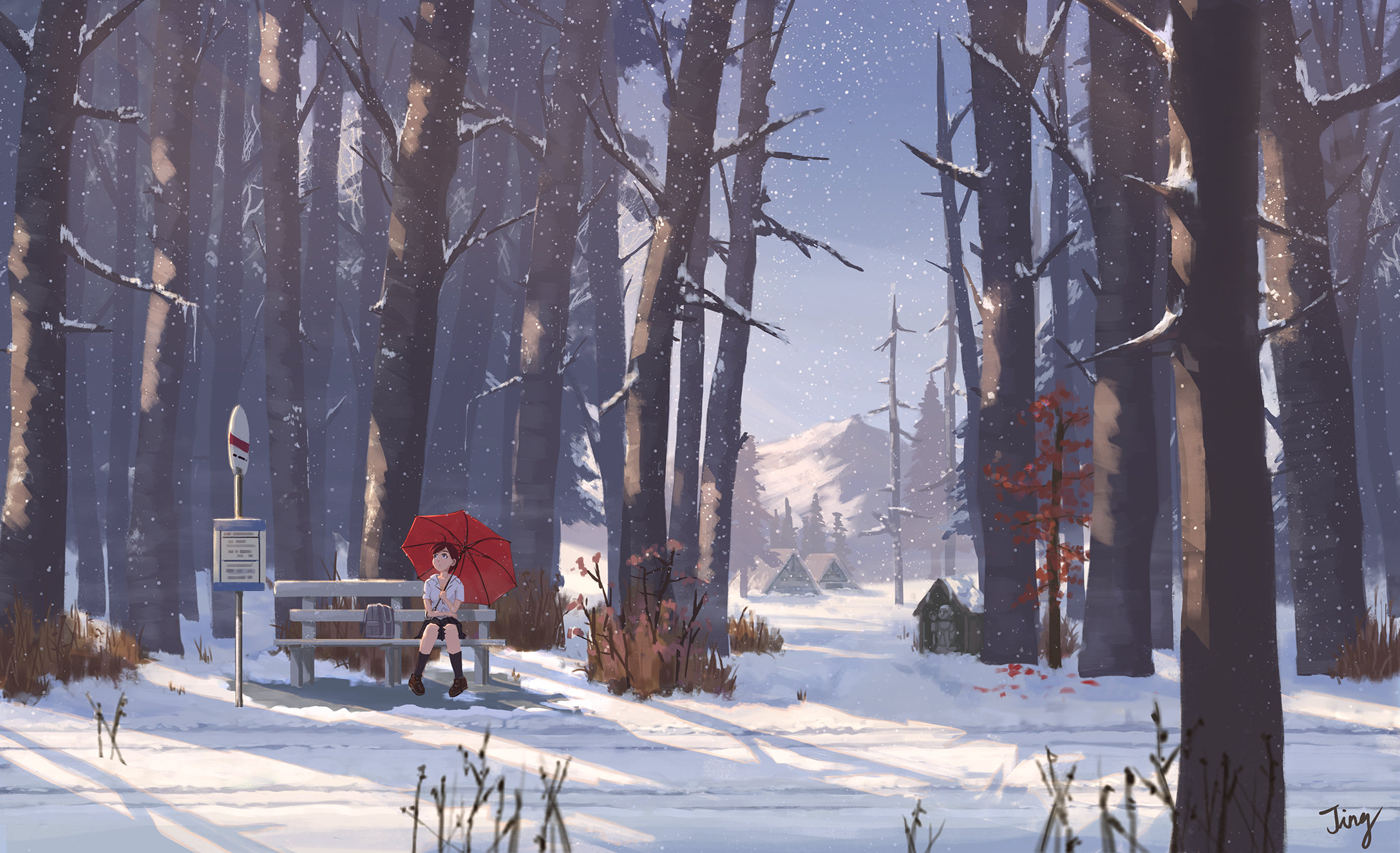 Anime girl with red umbrella at snowy bus stop HD Wallpaper