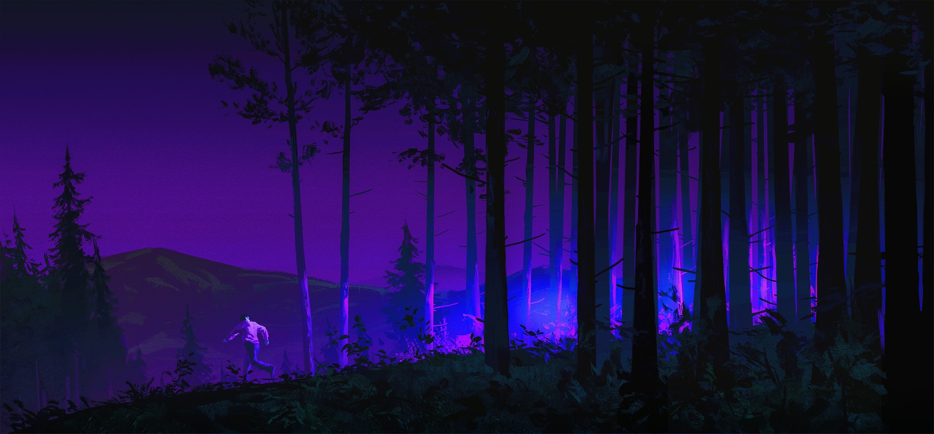 Man running through a dark forest at night HD Wallpaper