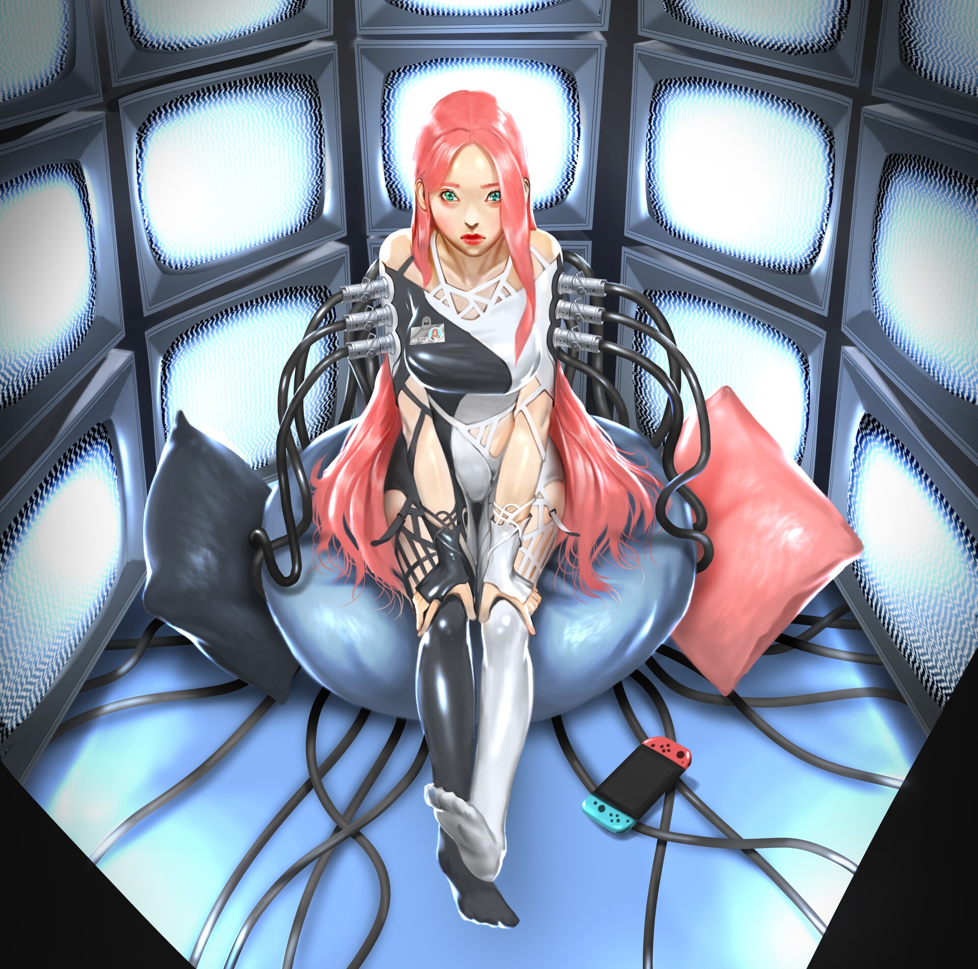 Woman with pink hair in cyberpunk setting with televisions HD Wallpaper
