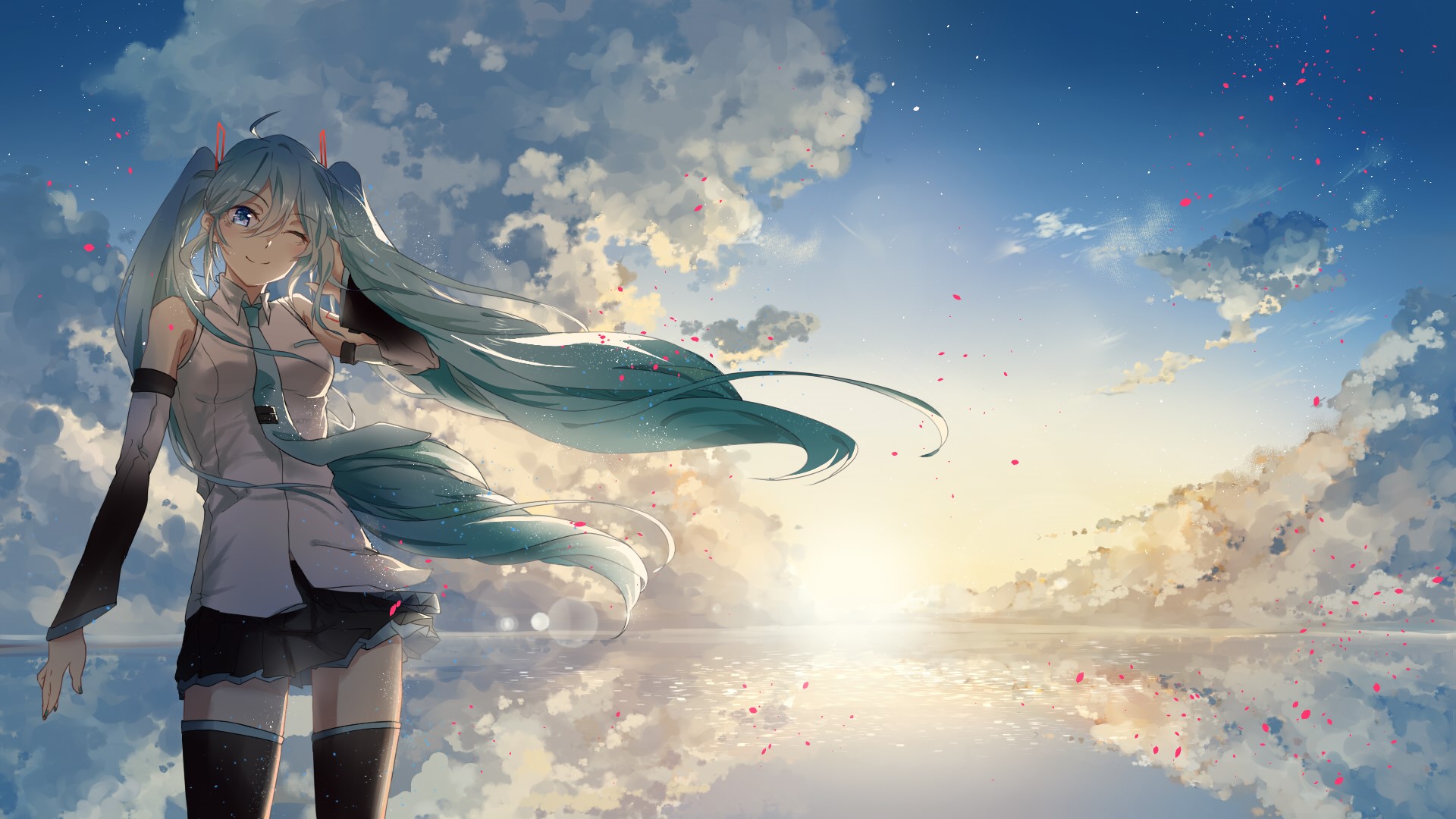 Hatsune Miku from Vocaloid in a sky reflection HD Wallpaper