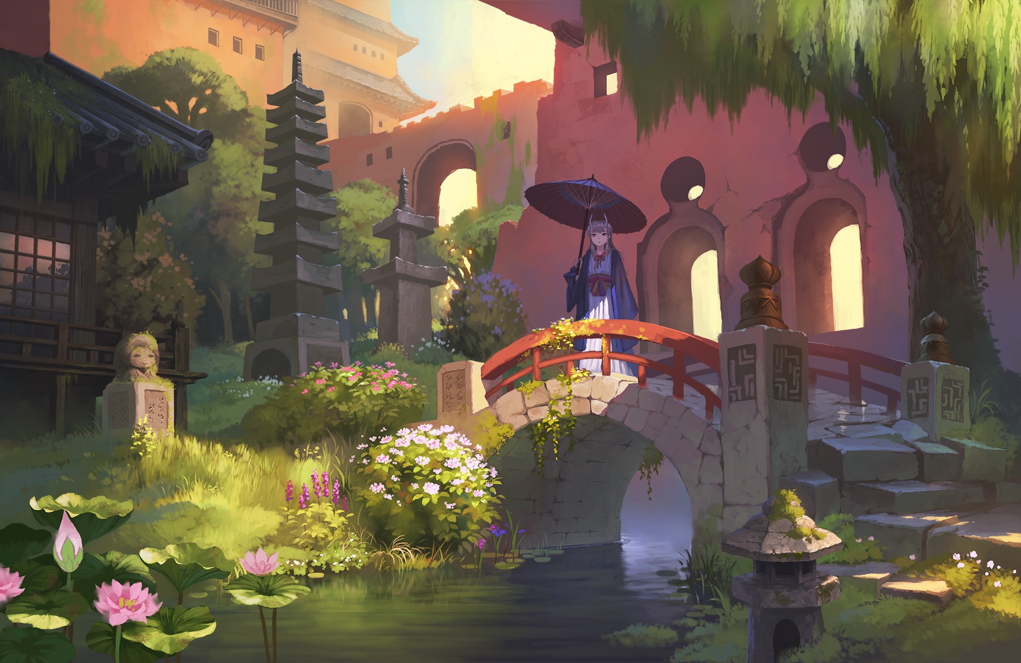 Anime girl with umbrella on a bridge in a Japanese garden HD Wallpaper