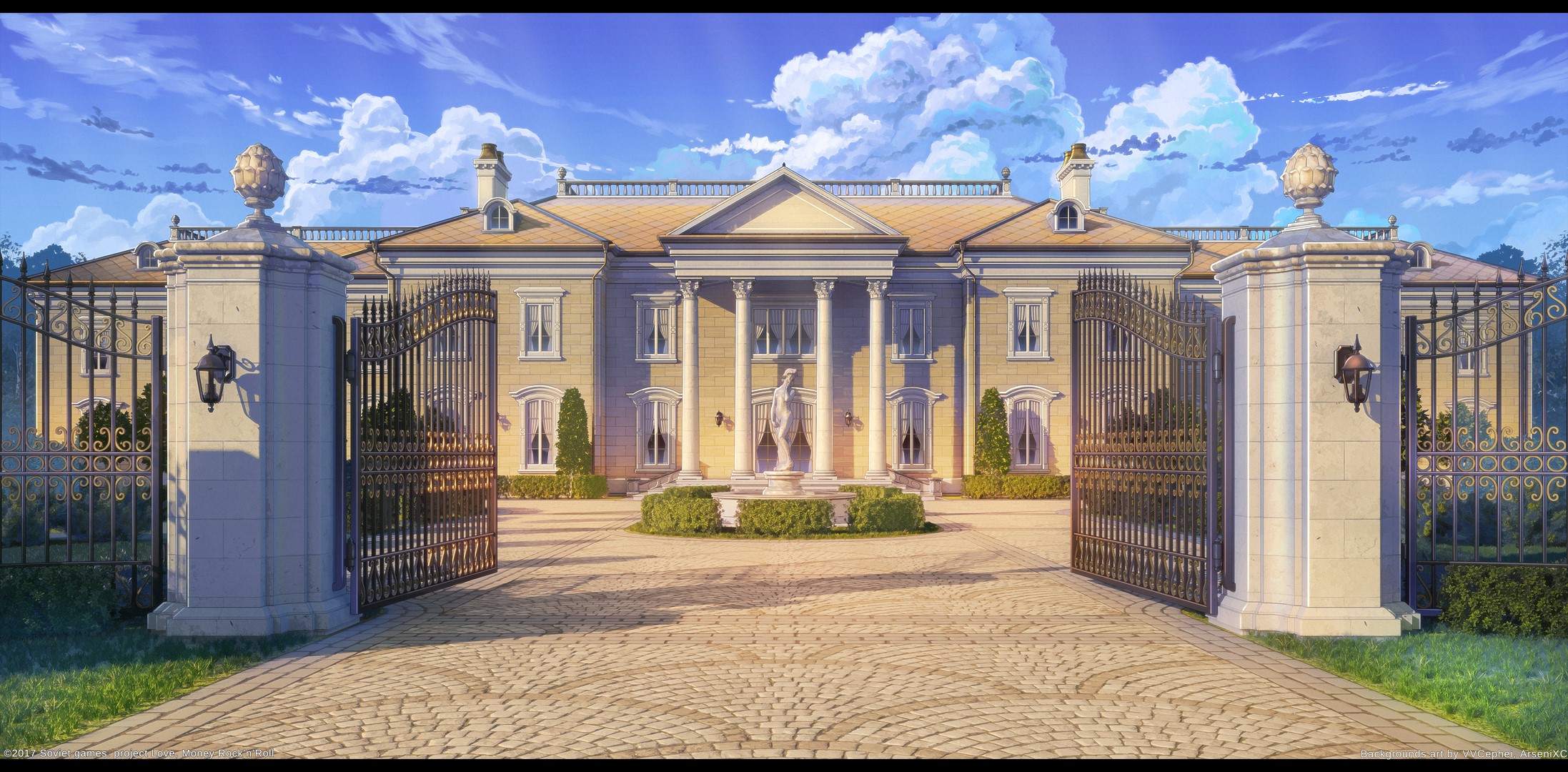 Mansion with Gates and Statue HD Wallpaper