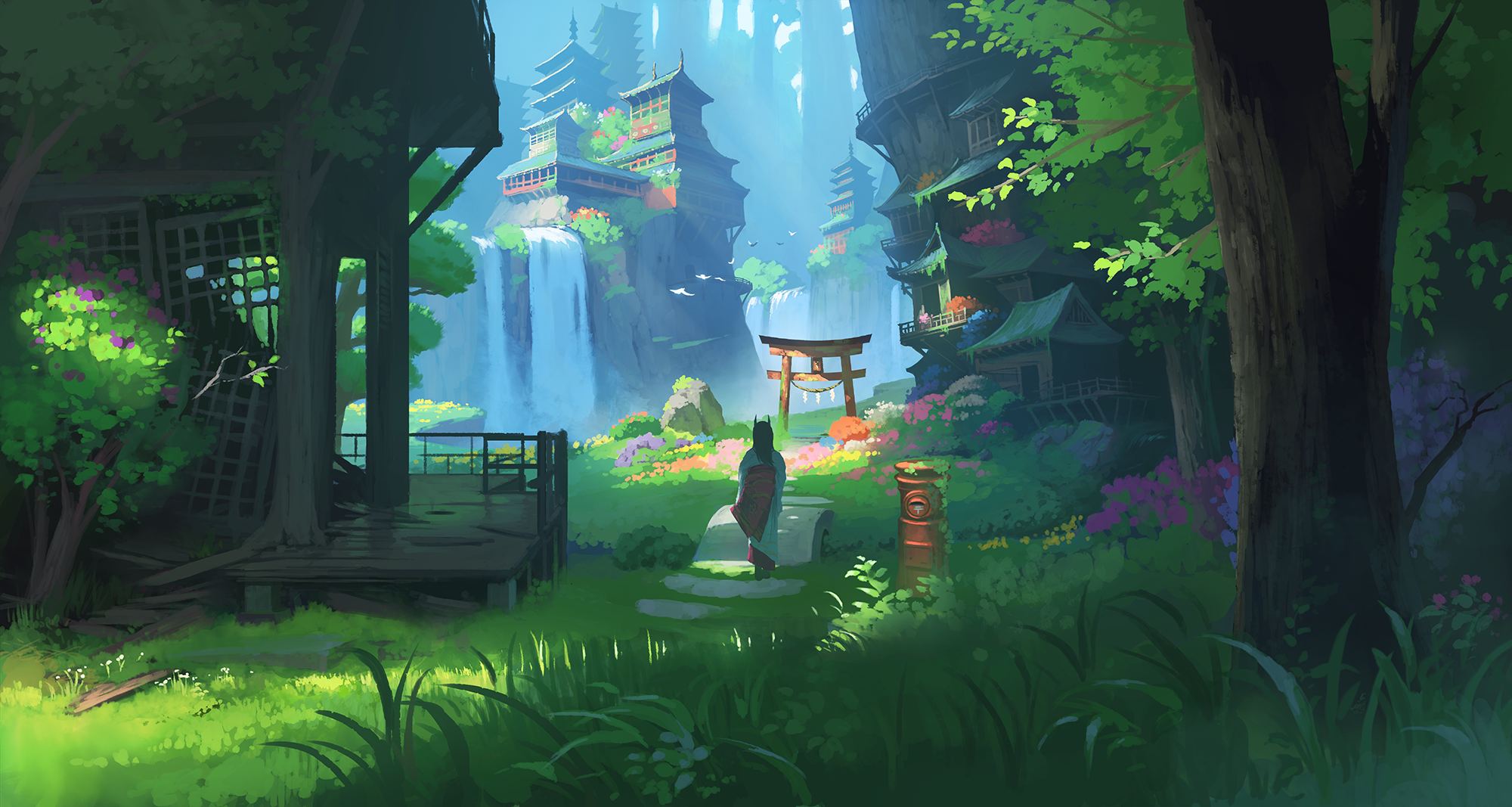 Anime girl in kimono walks through a Japanese forest with waterfalls and temples HD Wallpaper