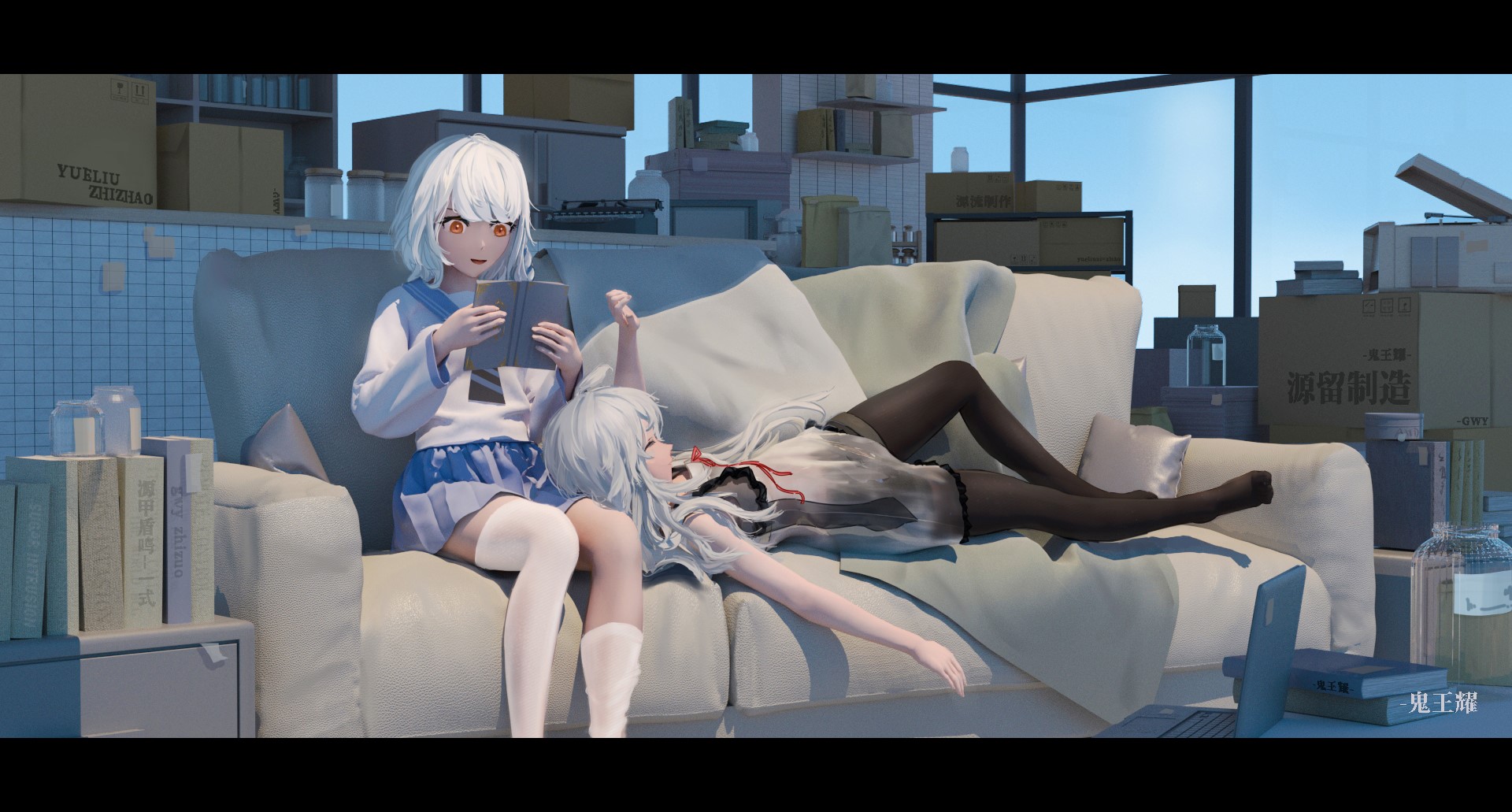 Anime girls with silver hair on a couch HD Wallpaper