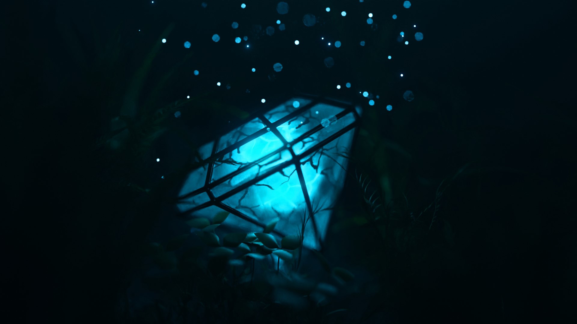 Glowing geometric object in dark forest with floating particles HD Wallpaper