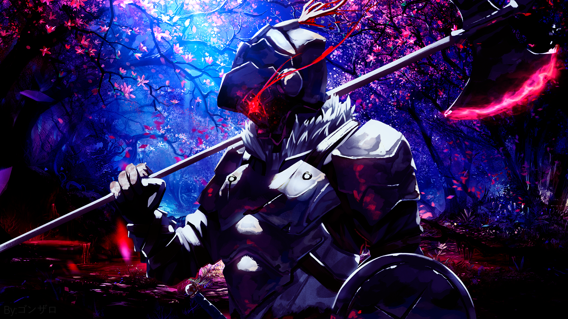 Goblin Slayer with glowing eyes and axe in forest HD Wallpaper