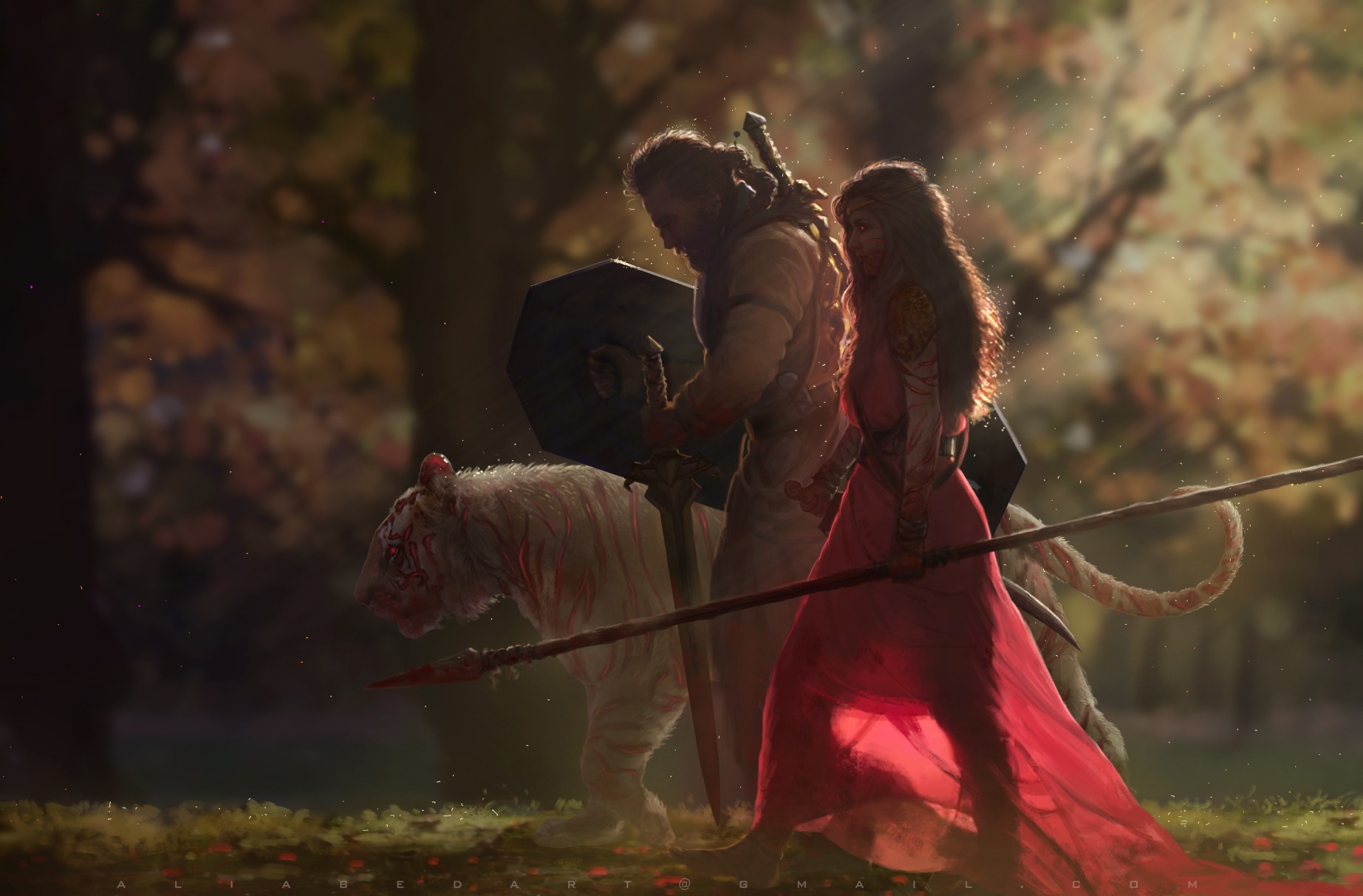 Man and woman with white tiger in a forest HD Wallpaper