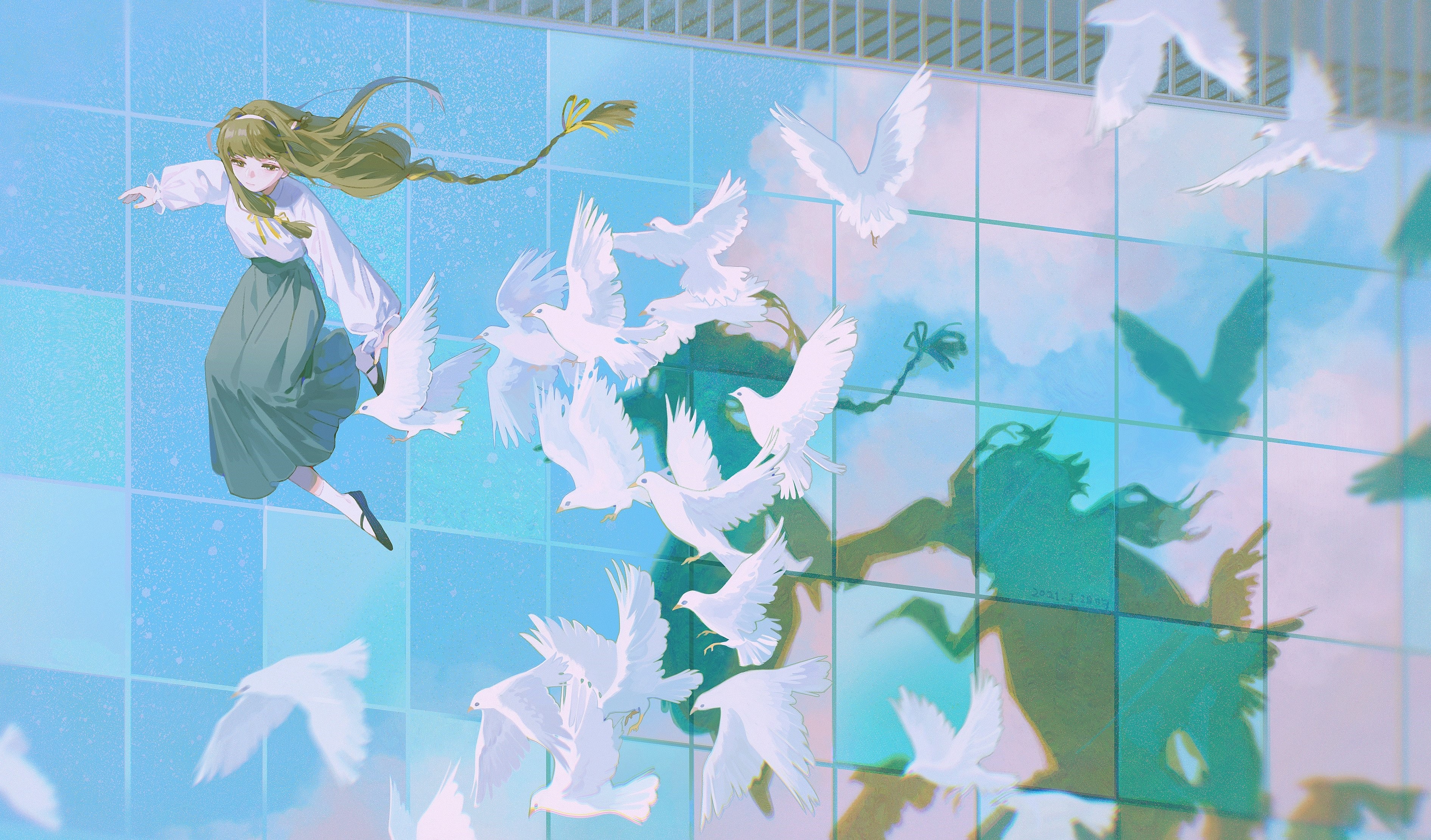 Anime girl jumping with white pigeons HD Wallpaper