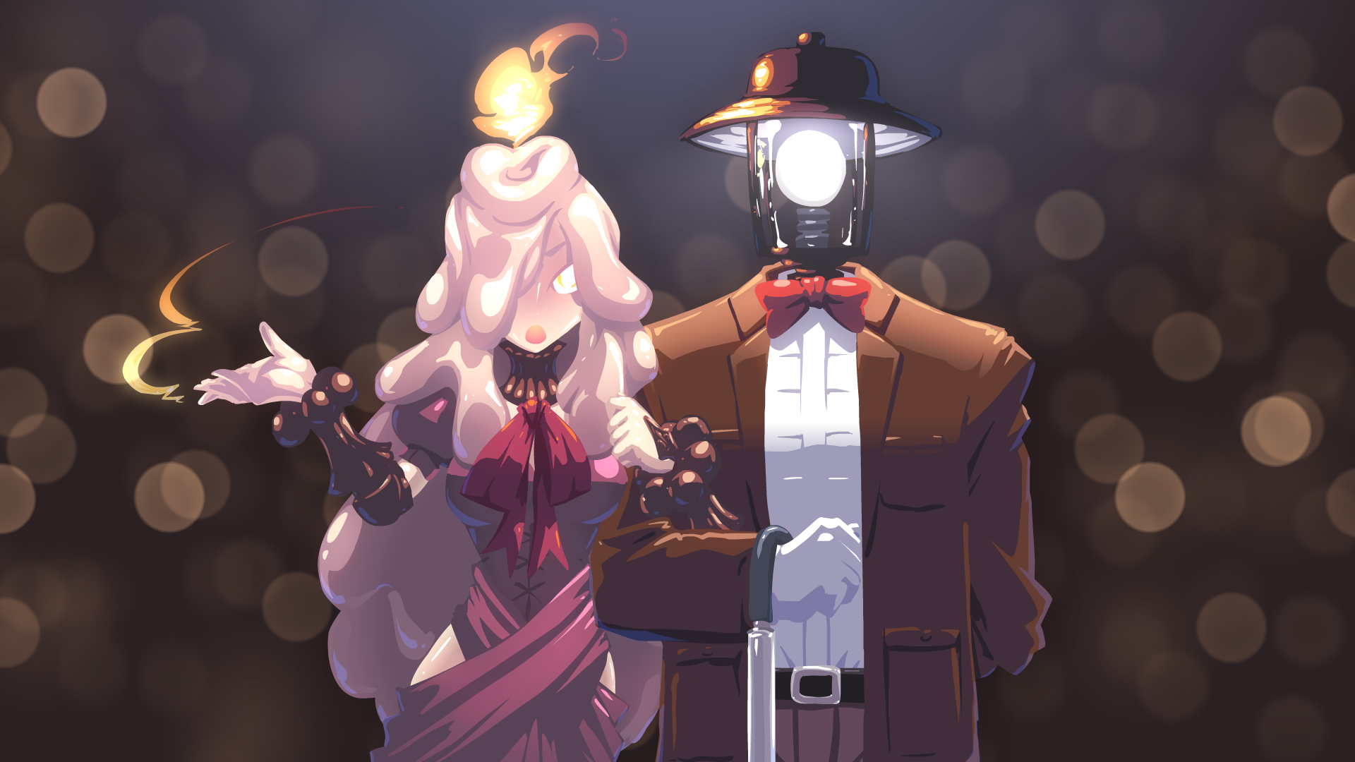 Candle-headed woman and lamp-headed man in suits HD Wallpaper