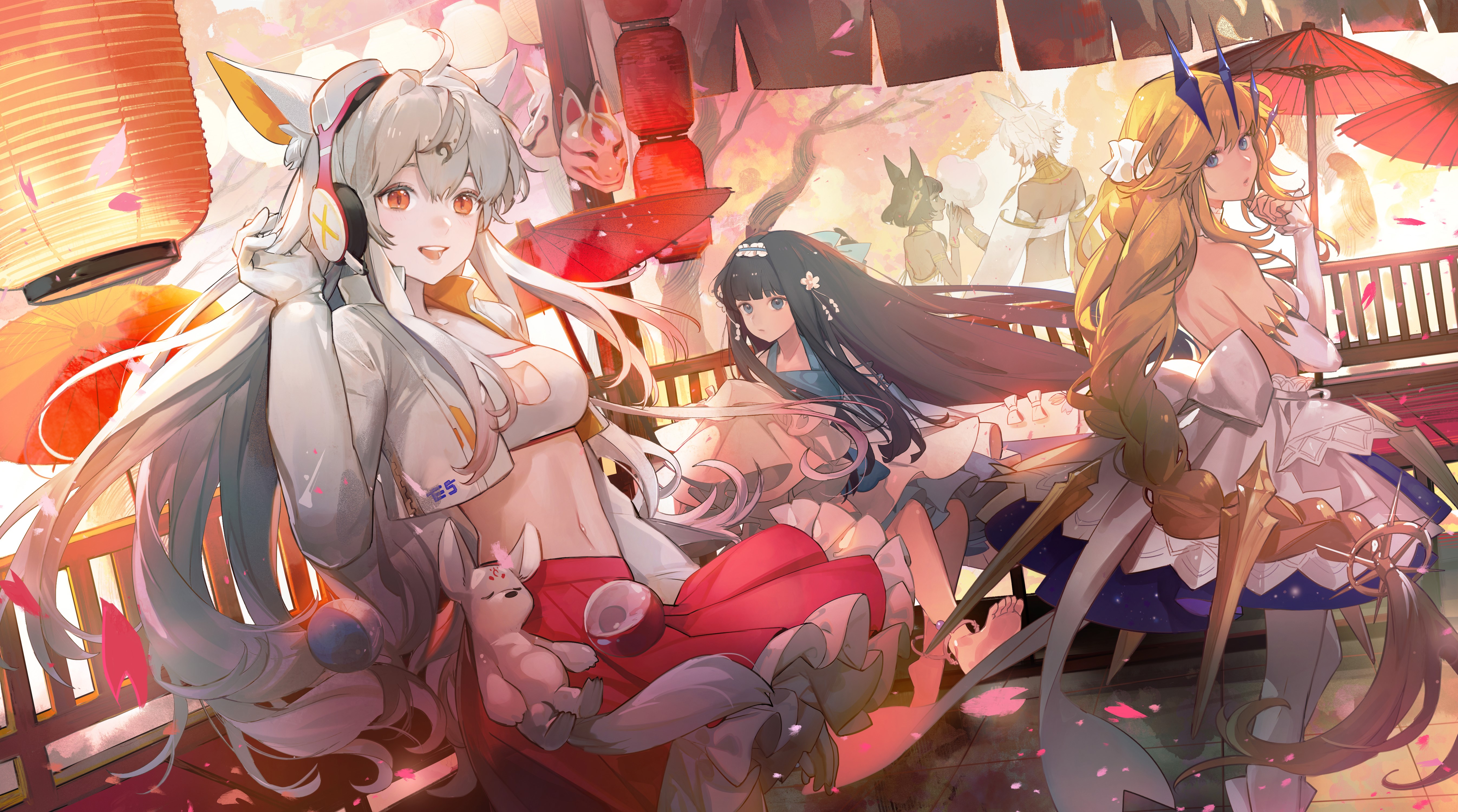 Anime girls with fox ears and tails at a festival HD Wallpaper