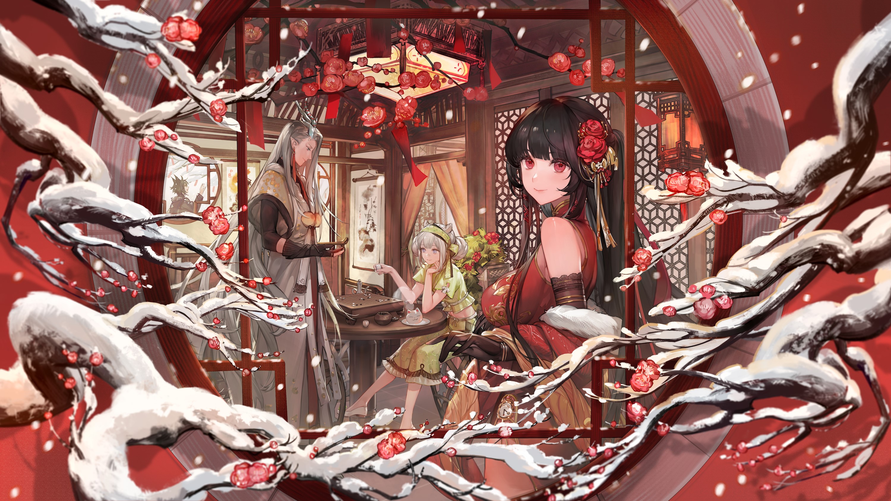 Anime girls in traditional Chinese attire with snow-covered branches HD Wallpaper