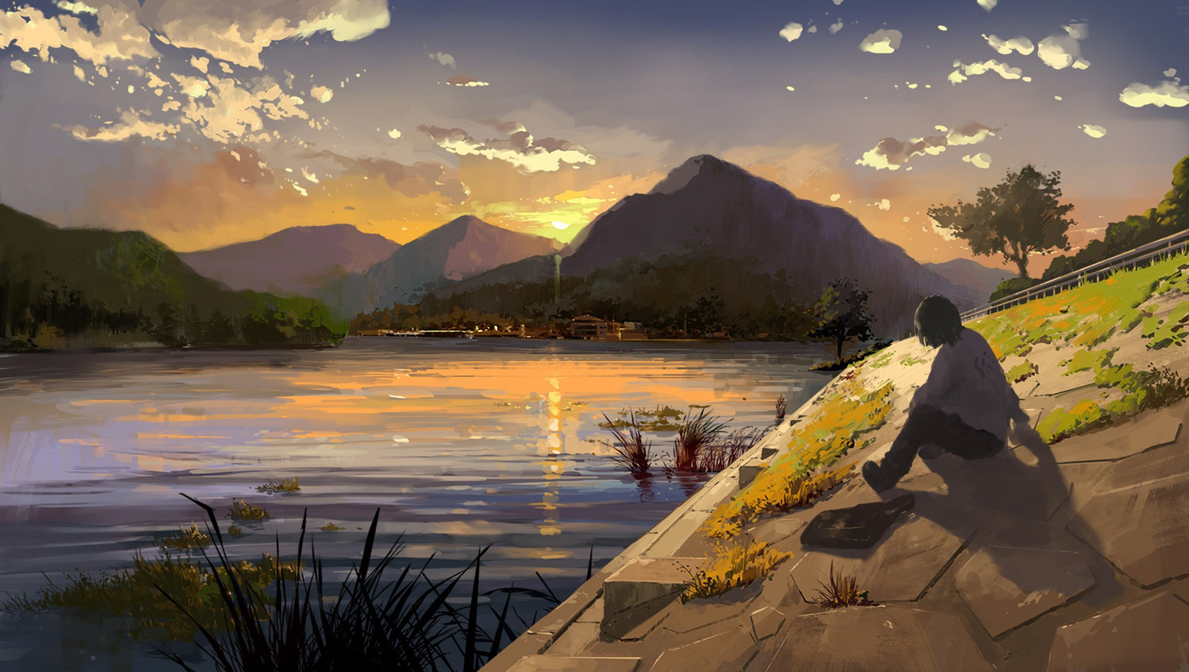Sunset over a lake with mountains and a person sitting HD Wallpaper