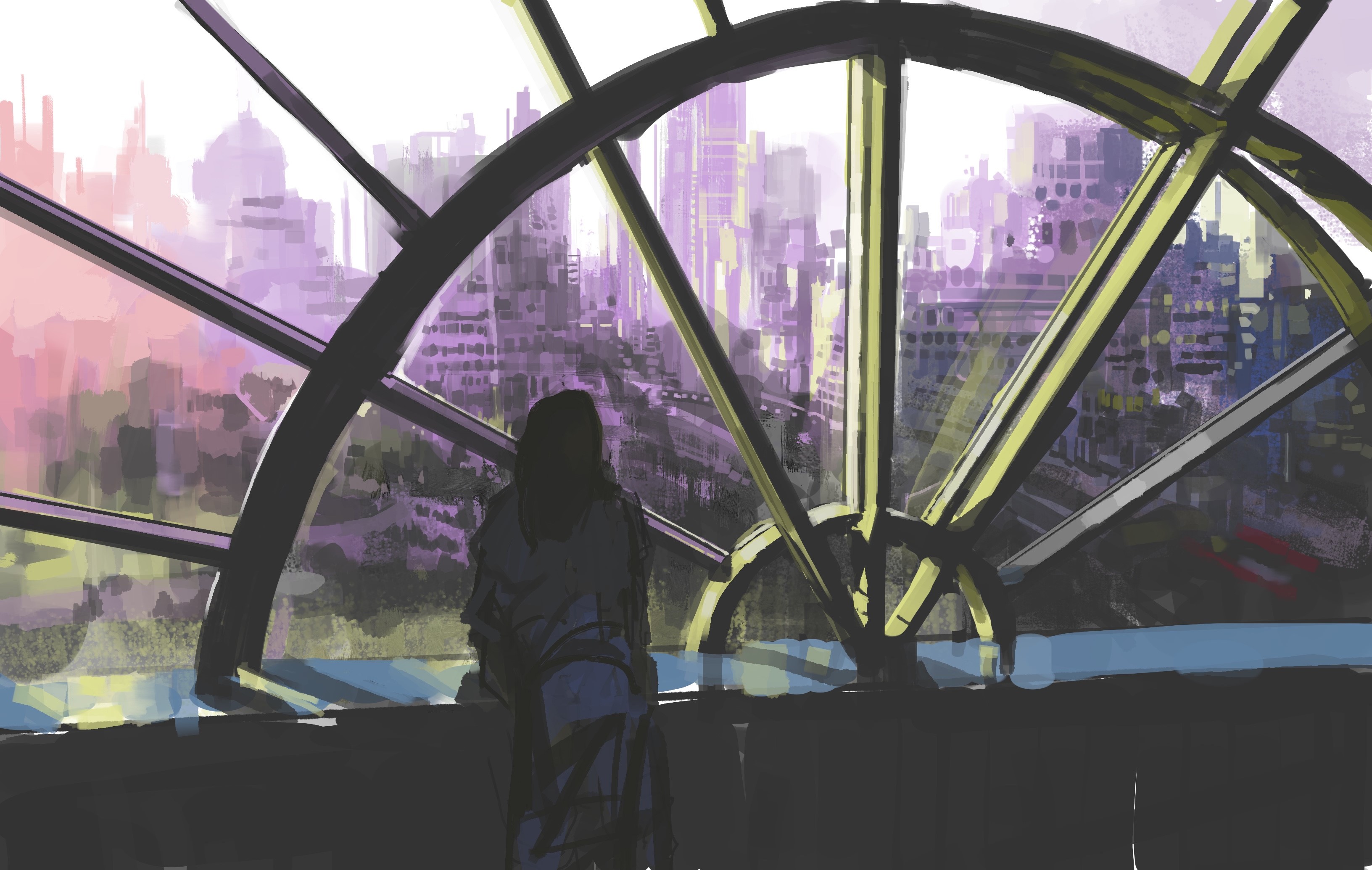 Girl looking out a large window at a cityscape HD Wallpaper