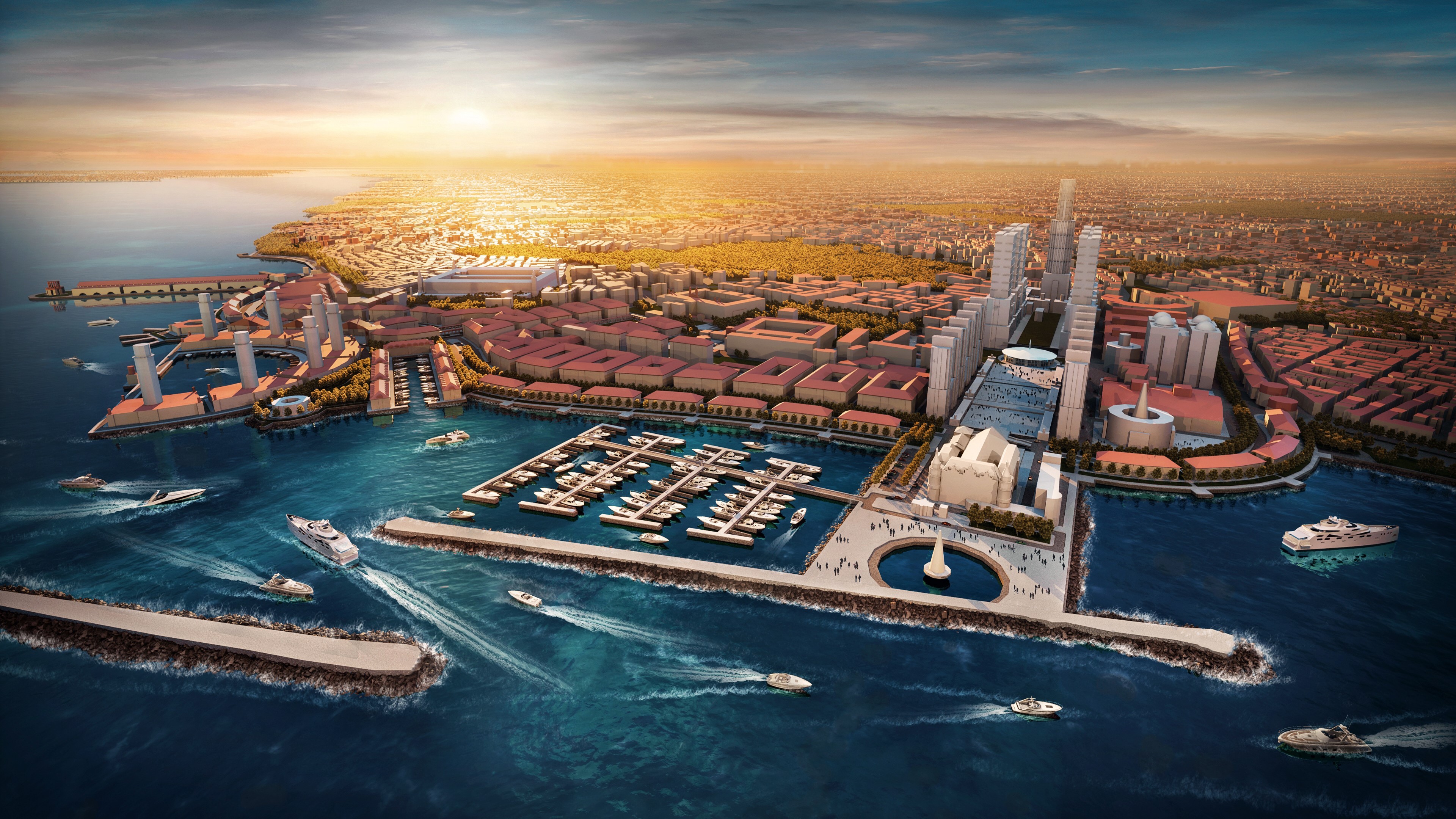 Aerial view of a coastal city with a marina at sunset HD Wallpaper