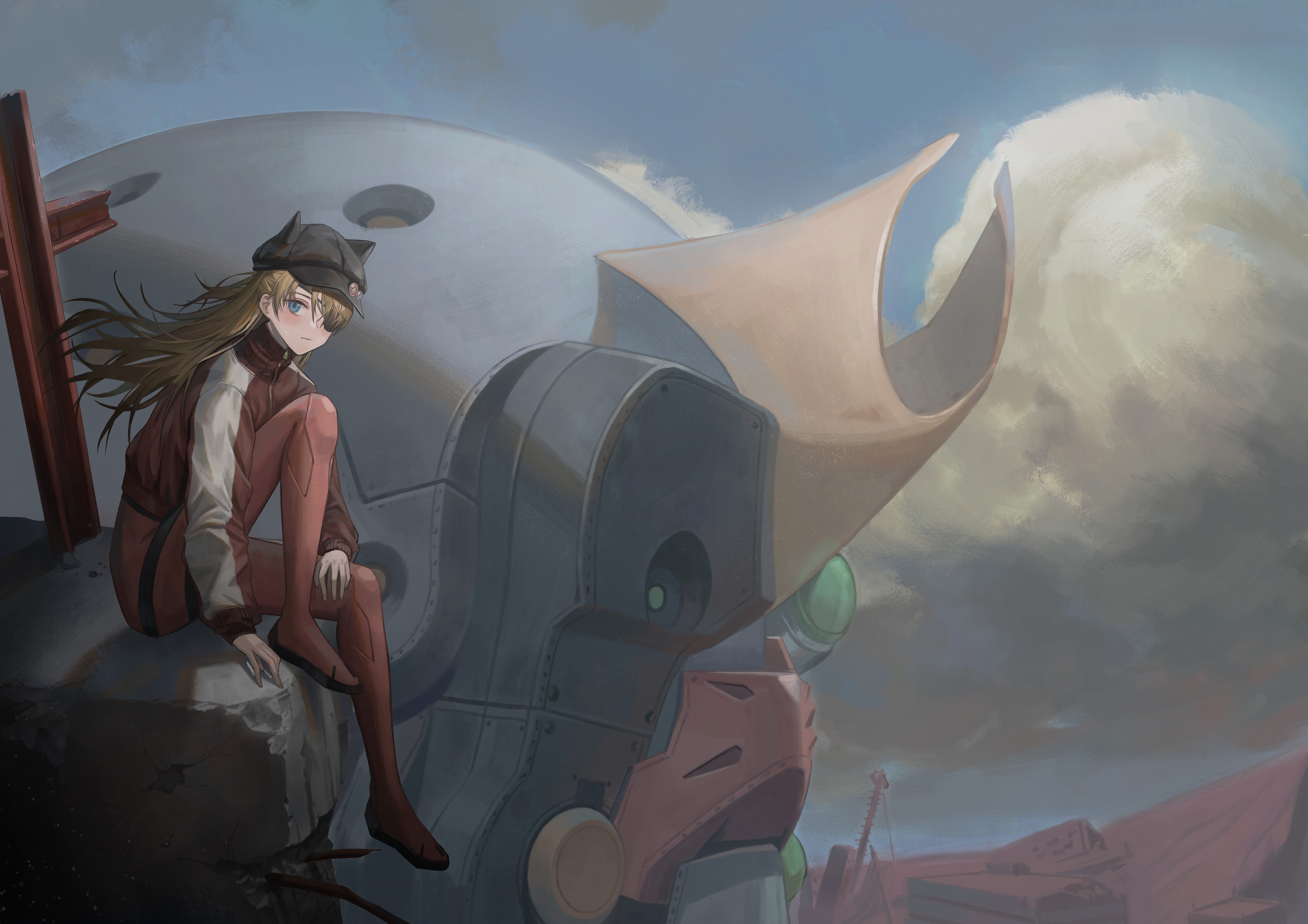 Asuka Langley Soryu from Neon Genesis Evangelion sitting on a giant robot HD Wallpaper
