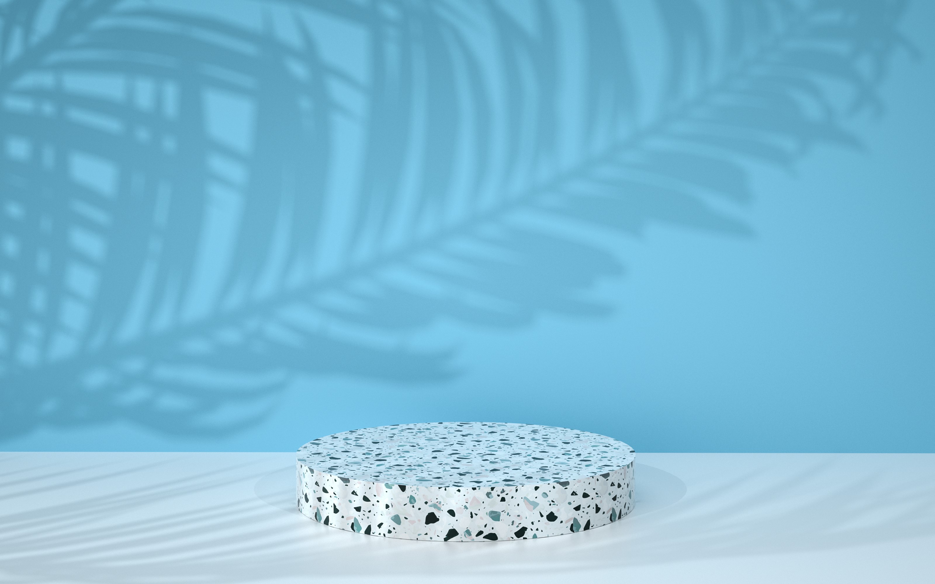 Terrazzo podium with palm leaf shadows on blue background HD Wallpaper