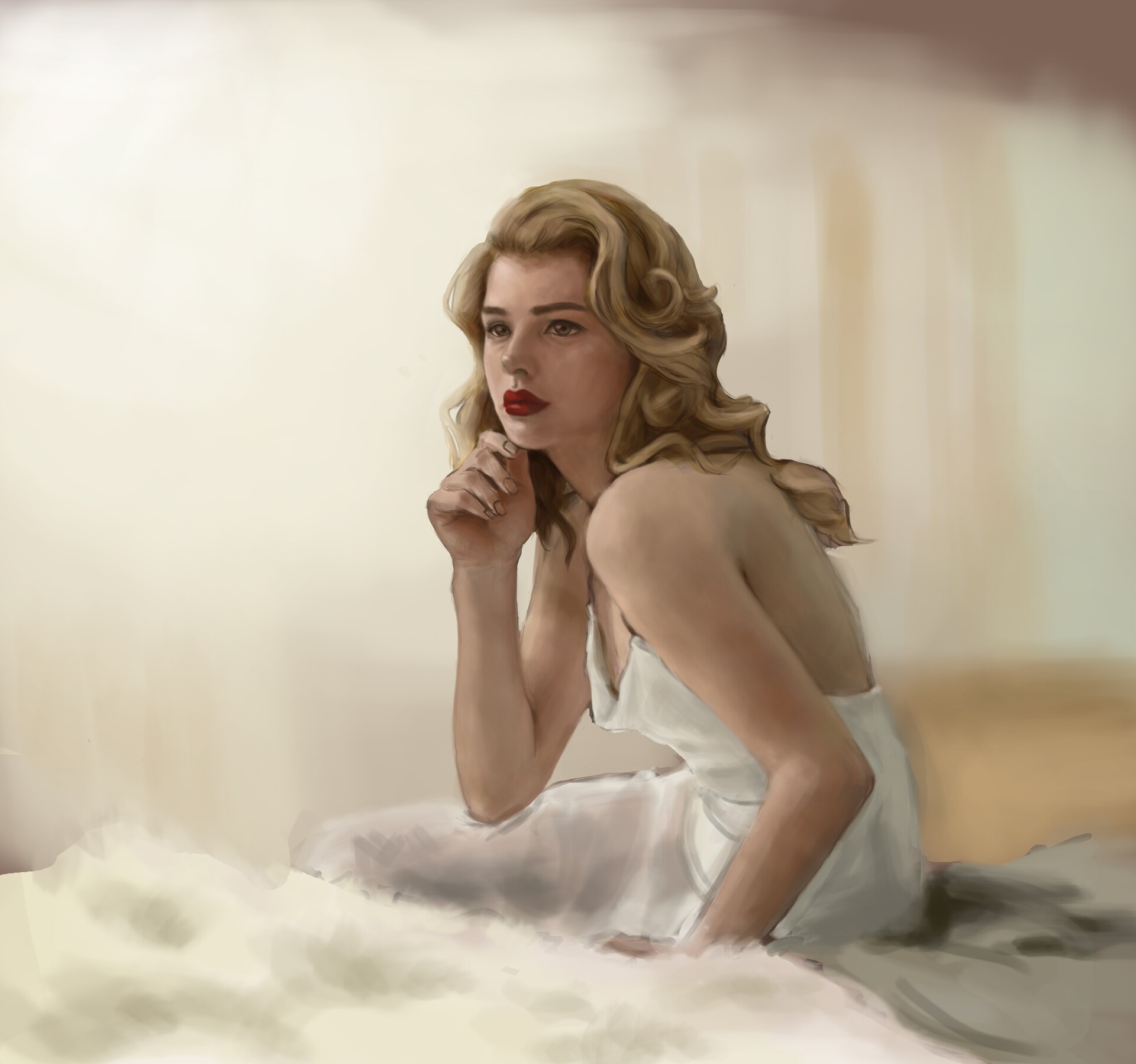 Woman with blonde hair in a white dress HD Wallpaper