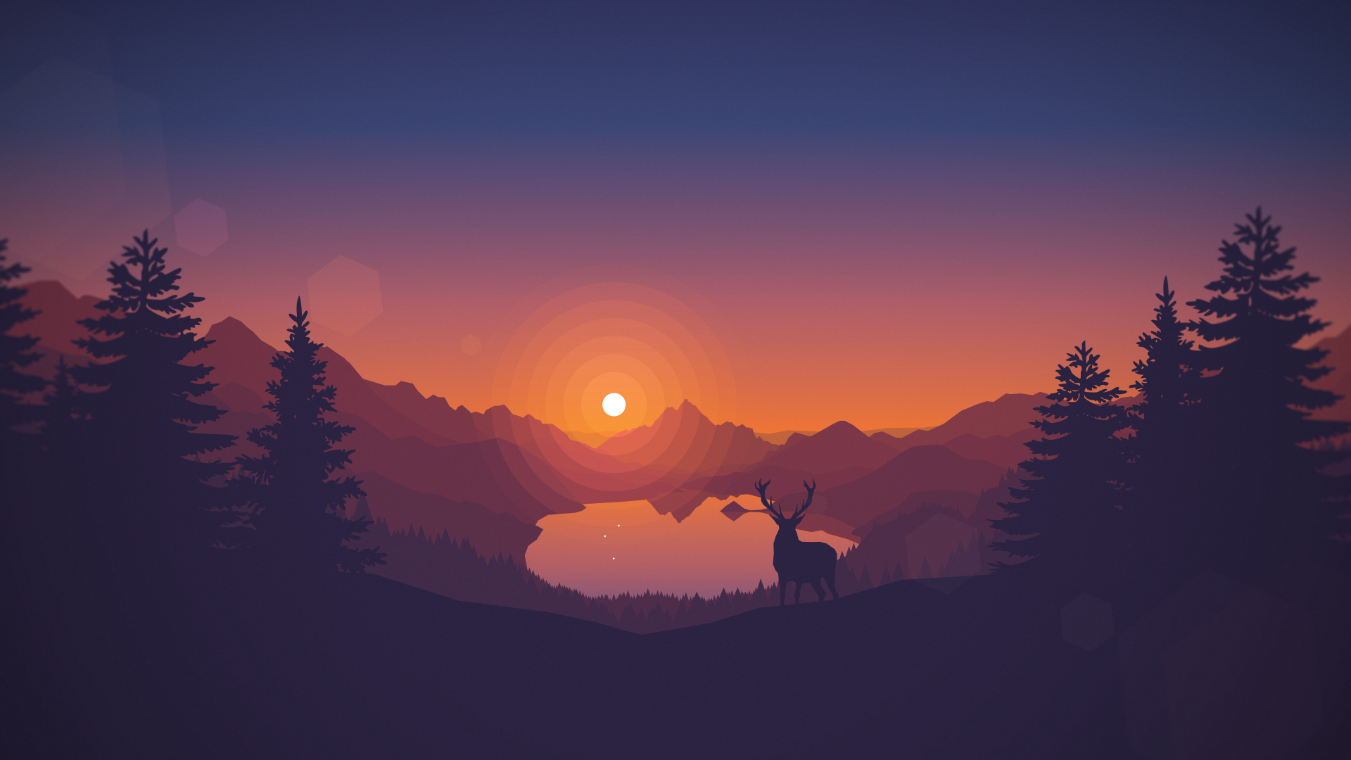 Deer by a lake at sunset with mountains and trees HD Wallpaper