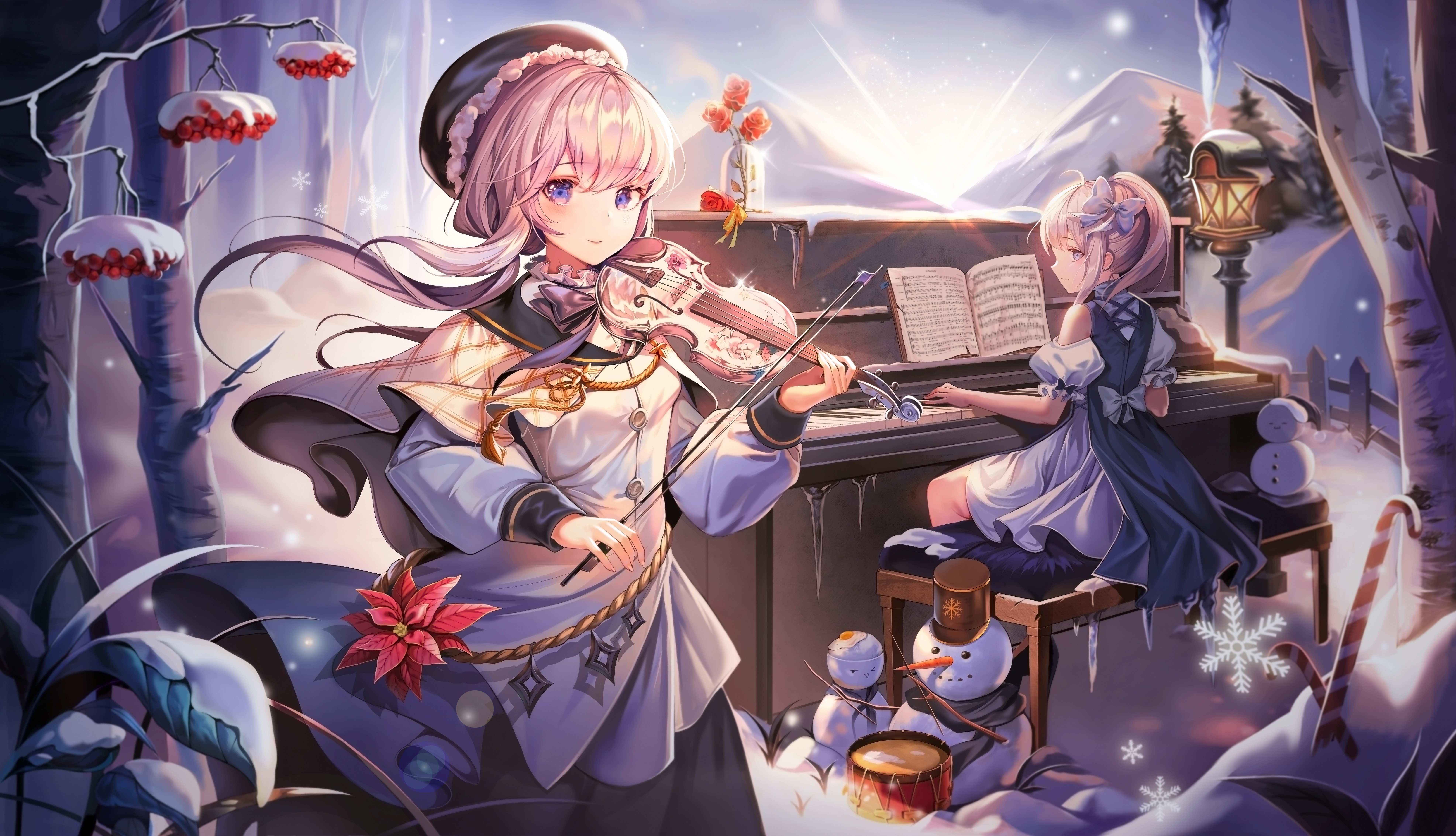 Anime girls playing music in a snowy landscape HD Wallpaper
