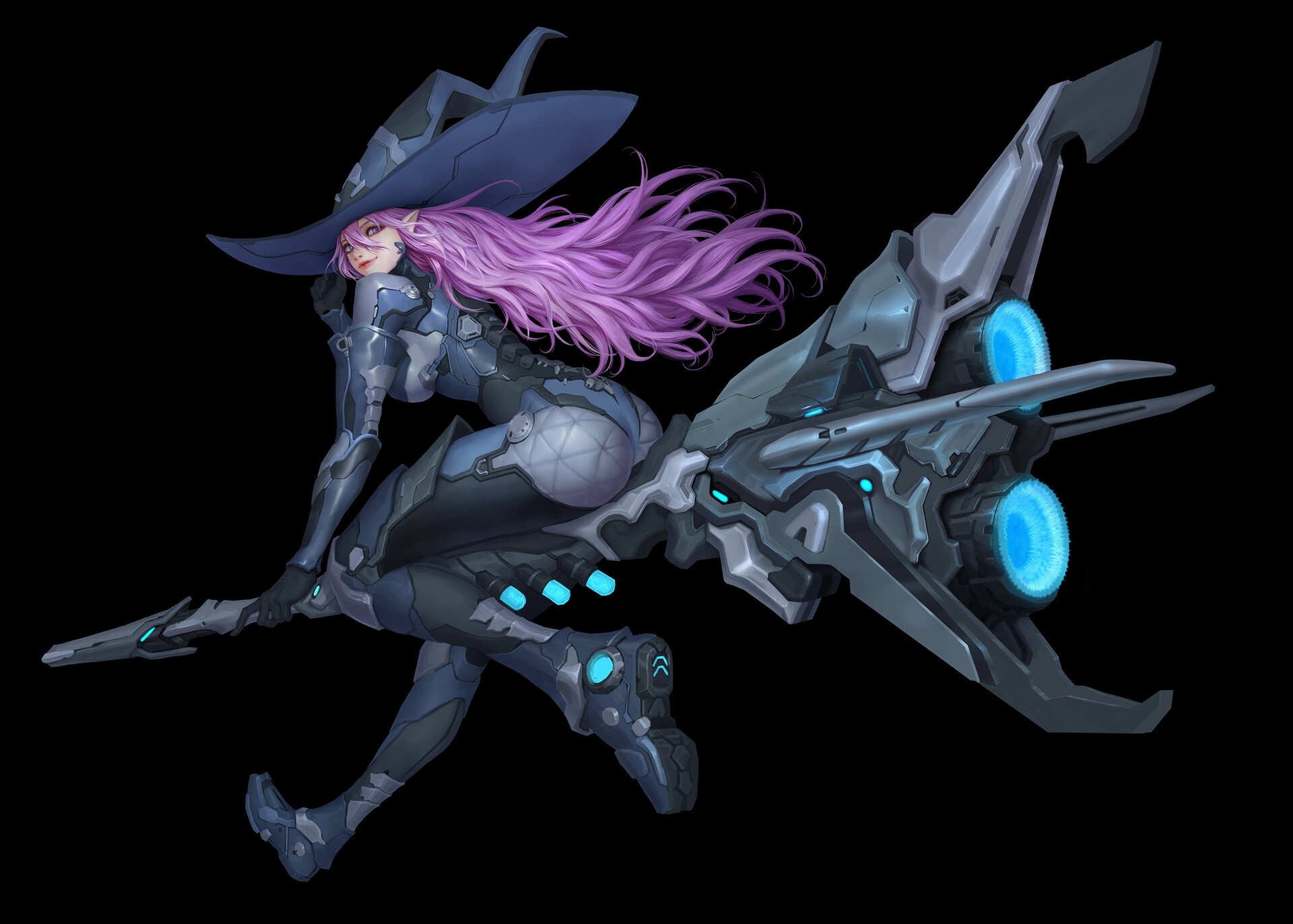 Anime witch with pink hair riding a futuristic broomstick HD Wallpaper