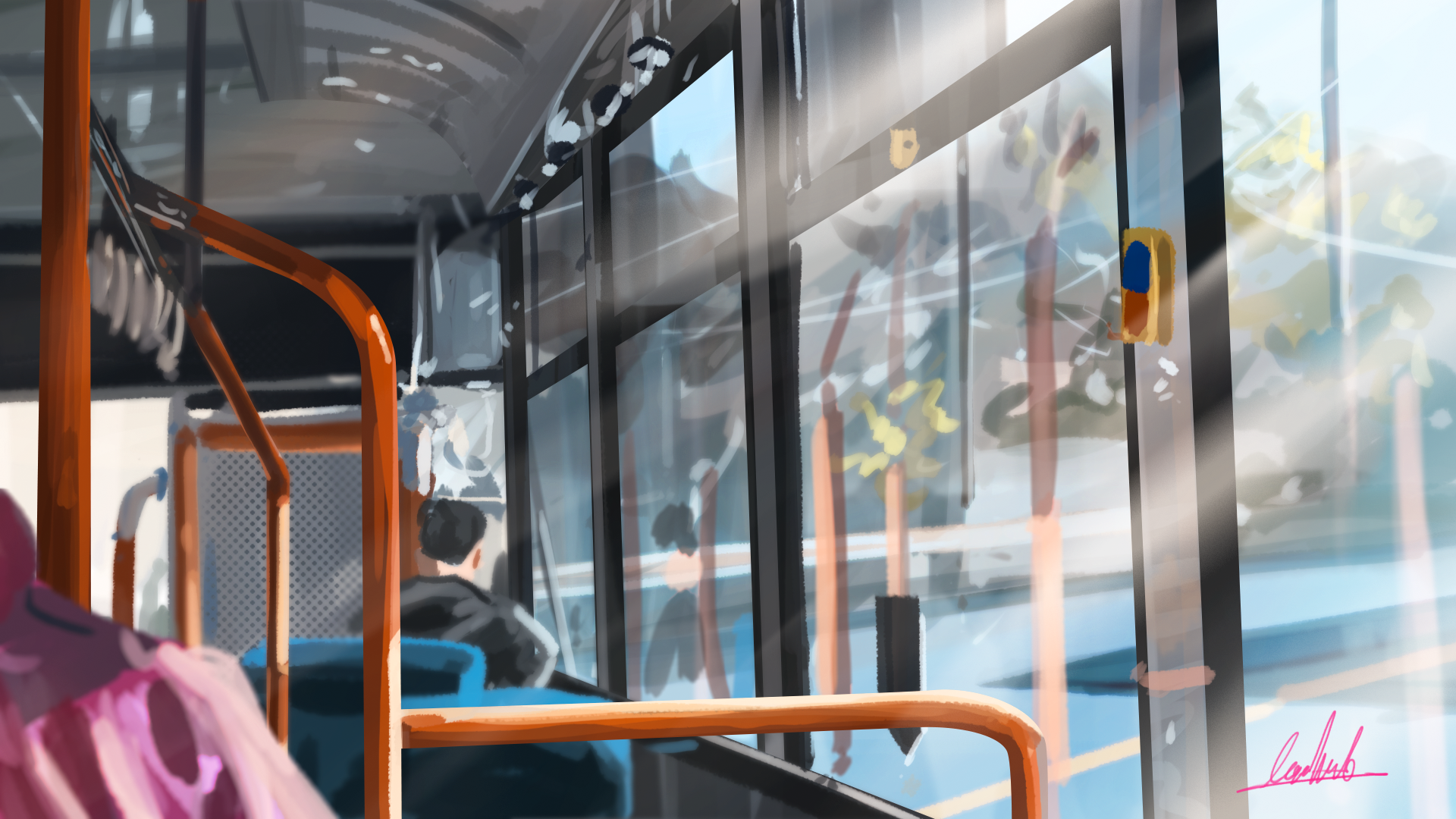 Artwork of the interior of a bus with sunlight streaming in HD Wallpaper
