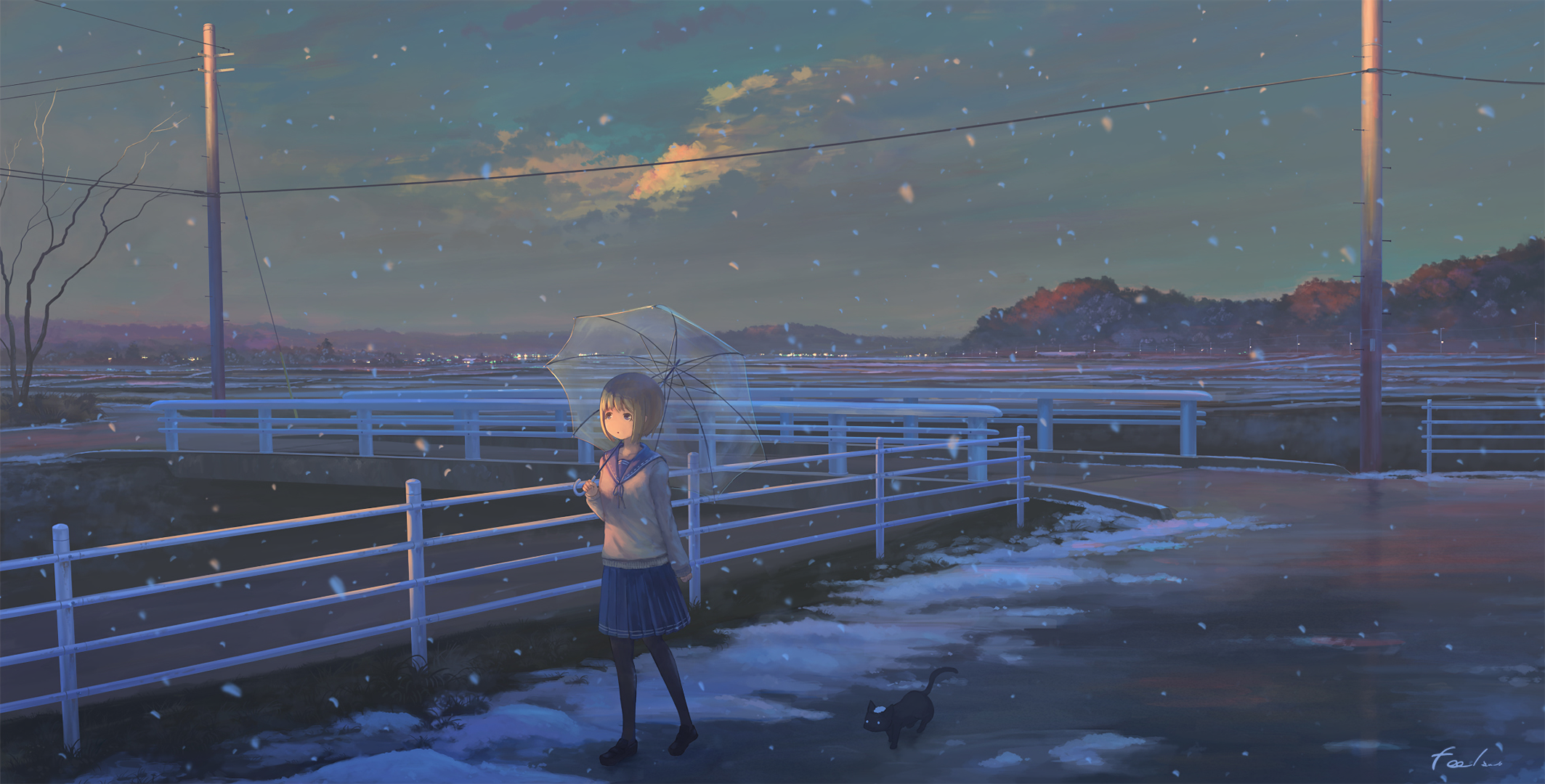 Anime girl with umbrella and black cat in winter HD Wallpaper