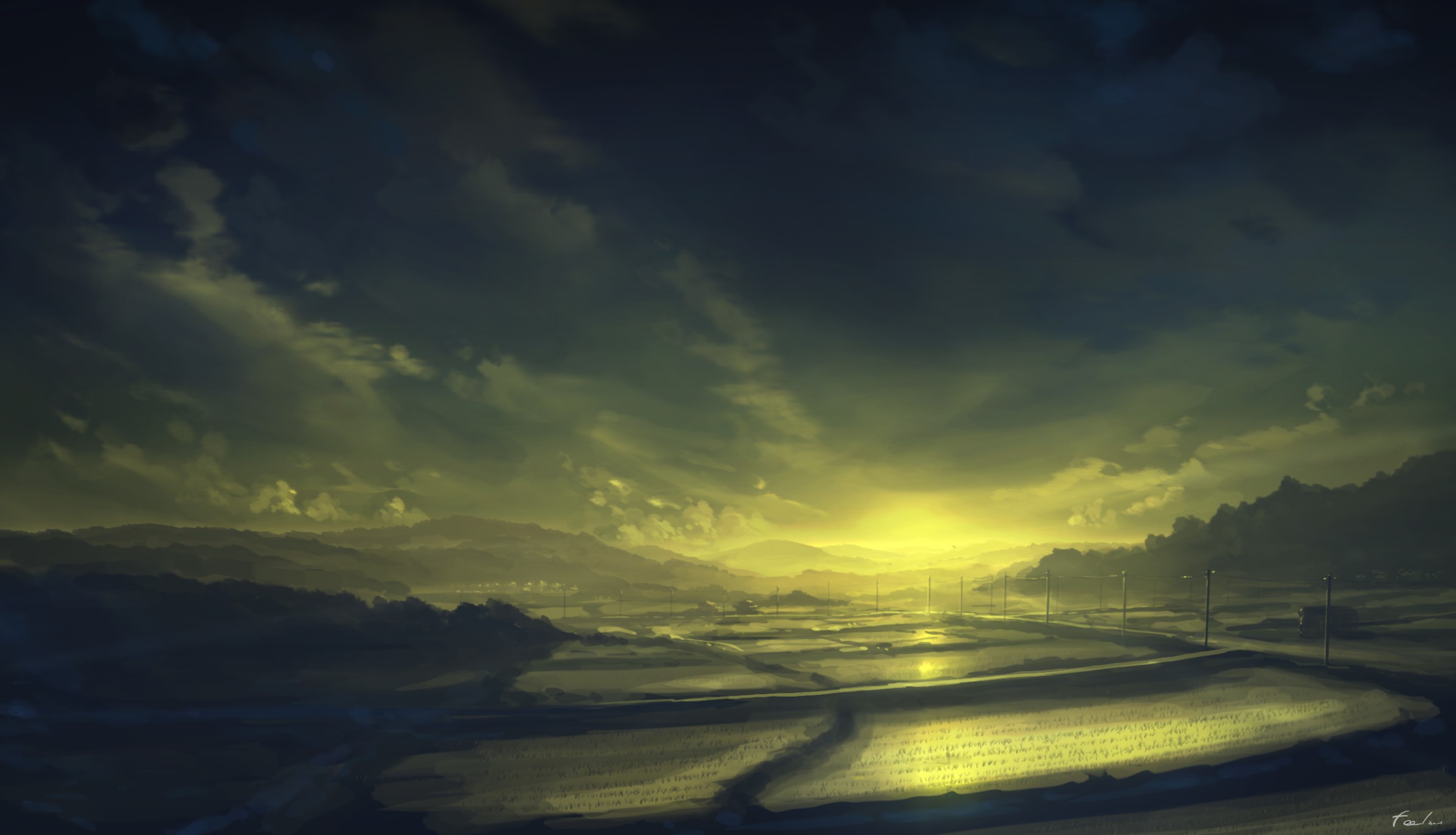 Sunset over a rural landscape with mountains HD Wallpaper