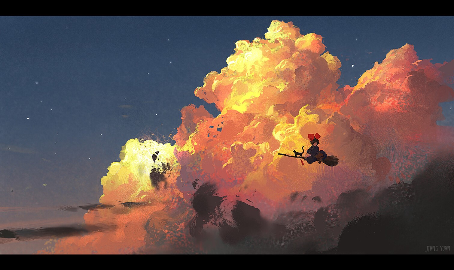 Kiki and Jiji flying on a broomstick through clouds HD Wallpaper