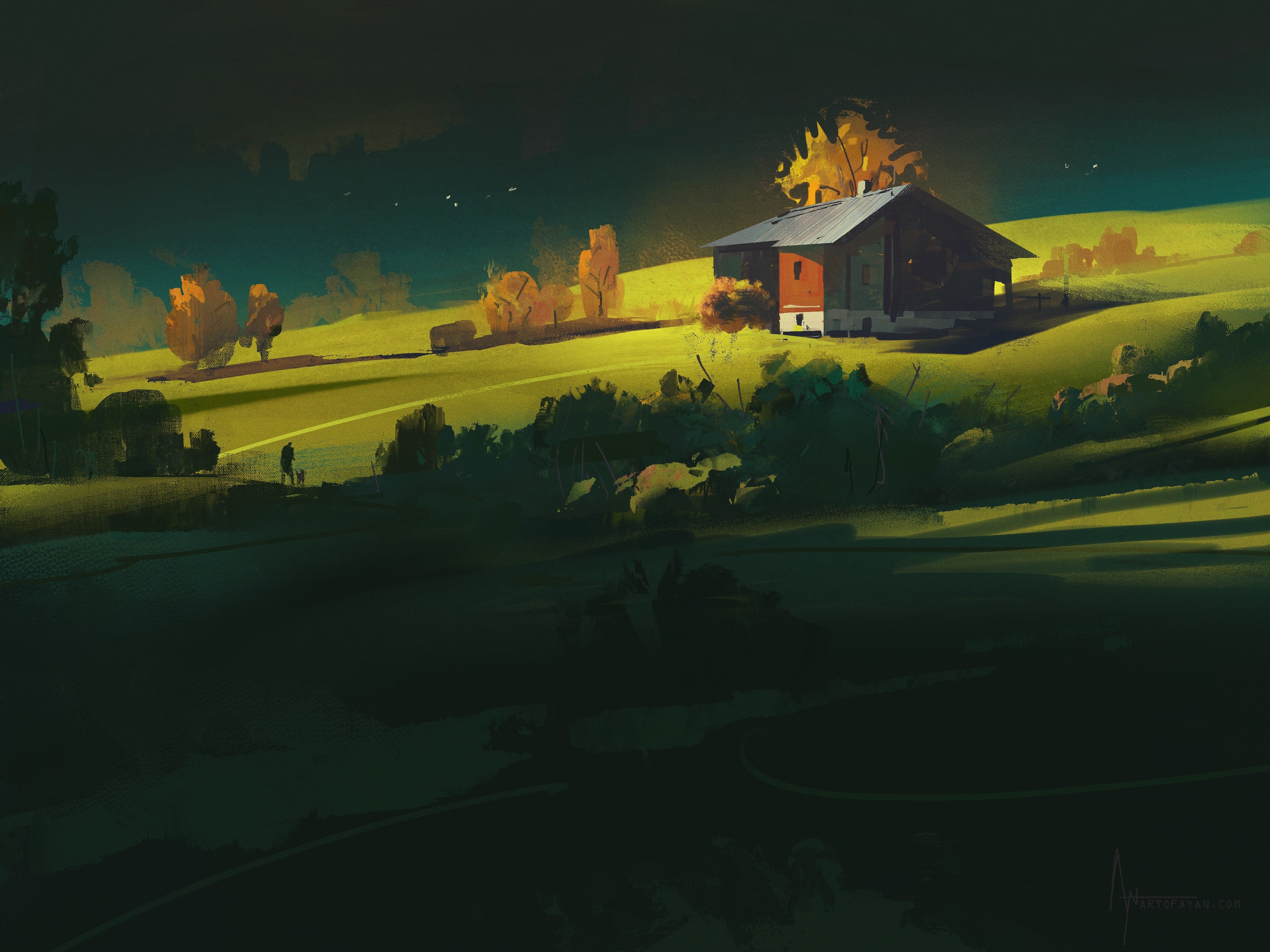 Artwork of a house and trees in a field HD Wallpaper