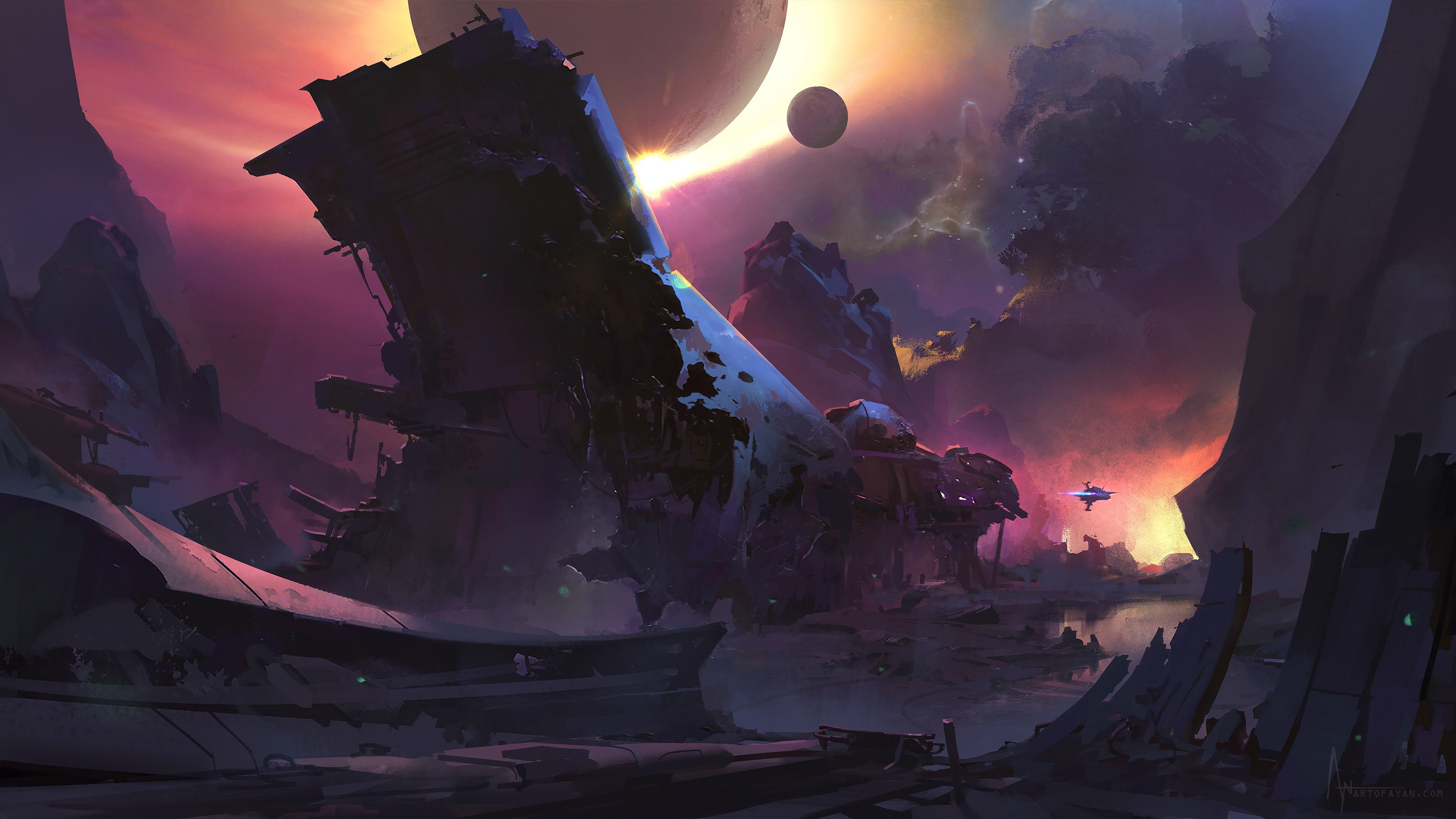 Ruined spaceship on an alien planet with two moons HD Wallpaper